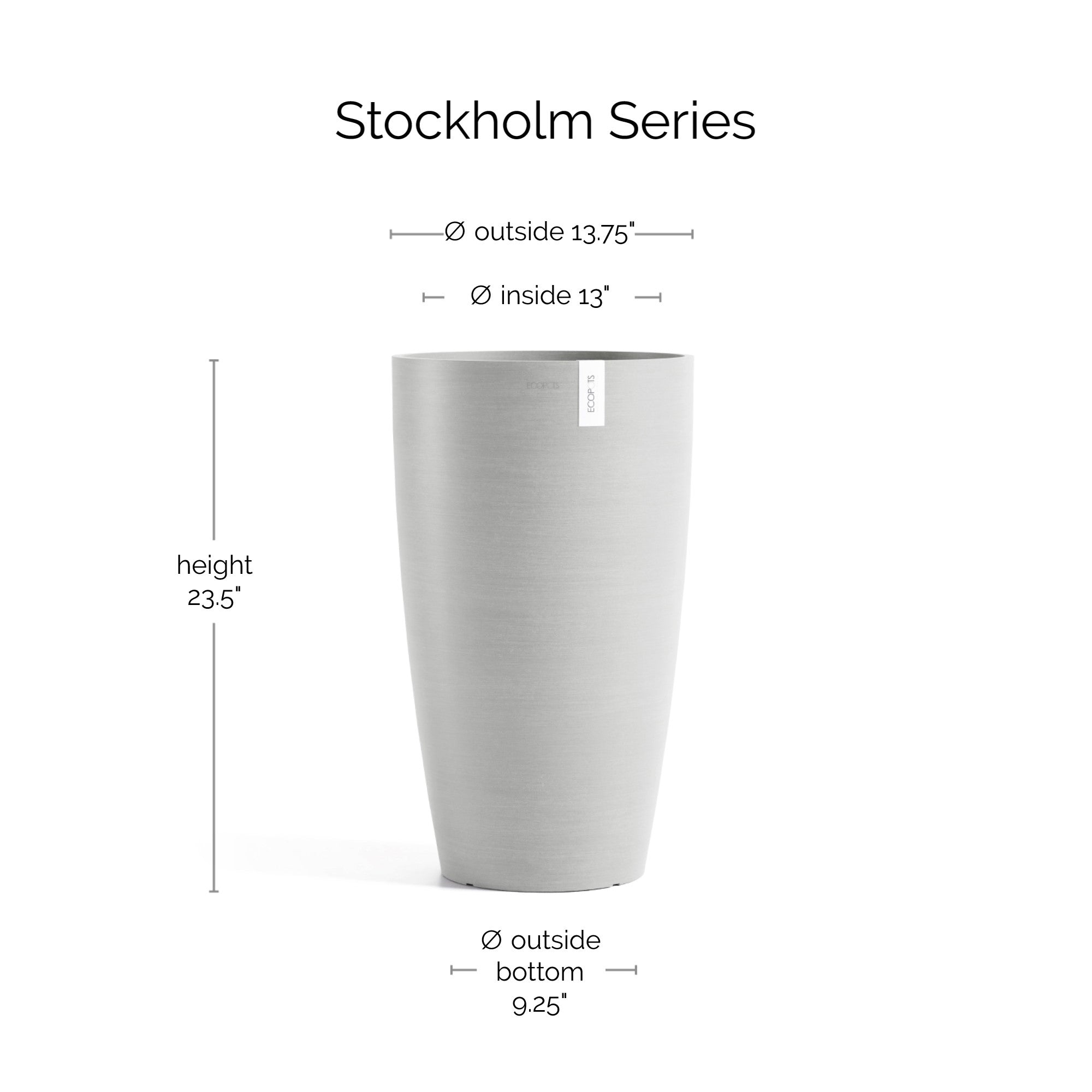 Ecopots Stockholm High Durable Modern Round Indoor/Outdoor Recycled-Based Composite Flower Pot Planter, 23.5"