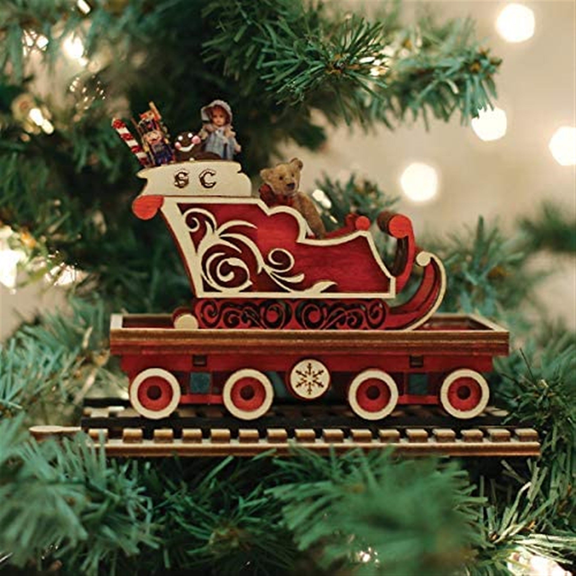 Old World Christmas Ginger Cottage Wooden Ornament for Christmas Tree, North Pole Express Sleigh Car