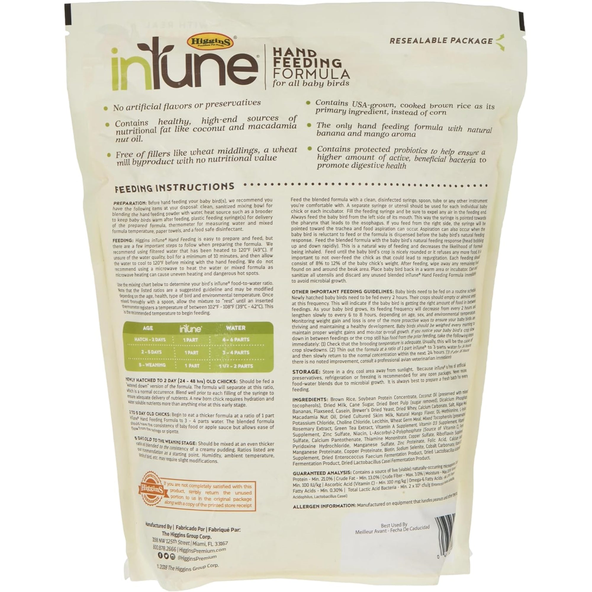 Higgins Intune Natural Hand Feeding Baby Bird Food Formula, 5lb