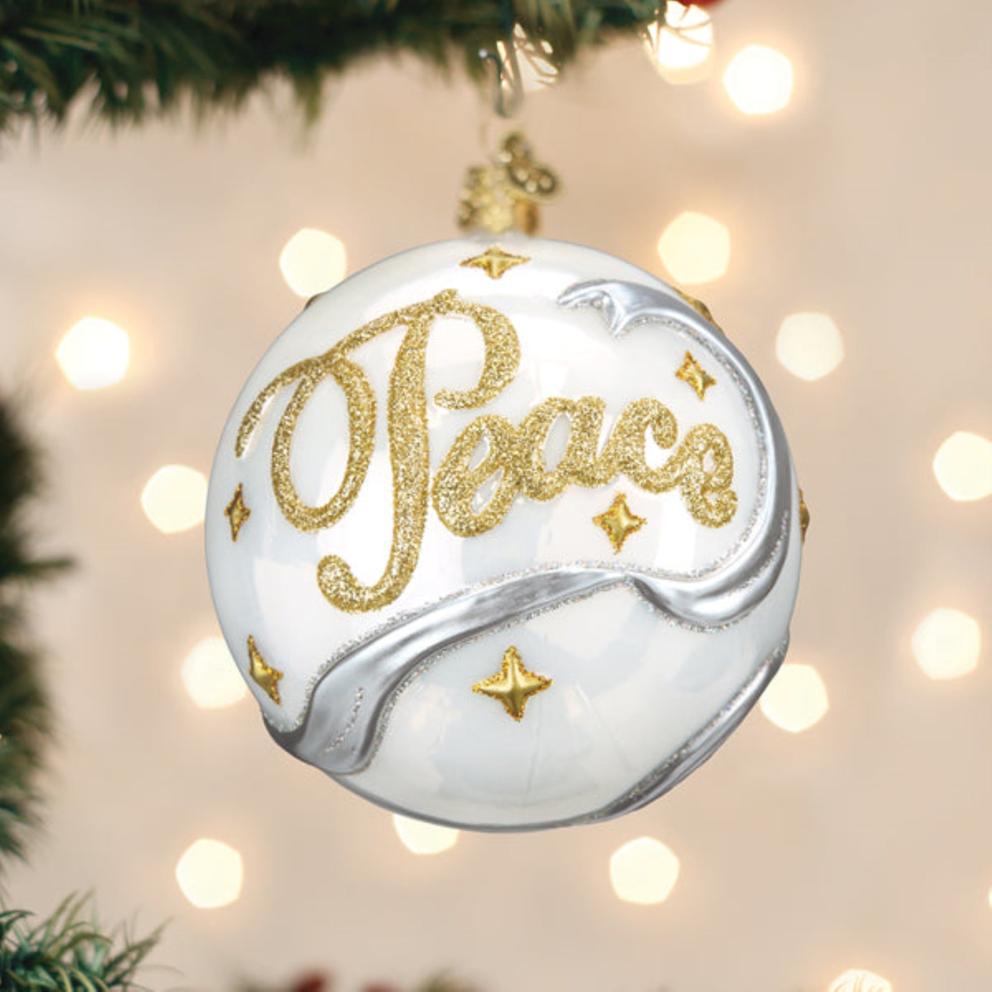Old World Christmas Hanging Mouth-Blown Glass Ornament for Trees, Peace & Joy Round Ball, 3.5"