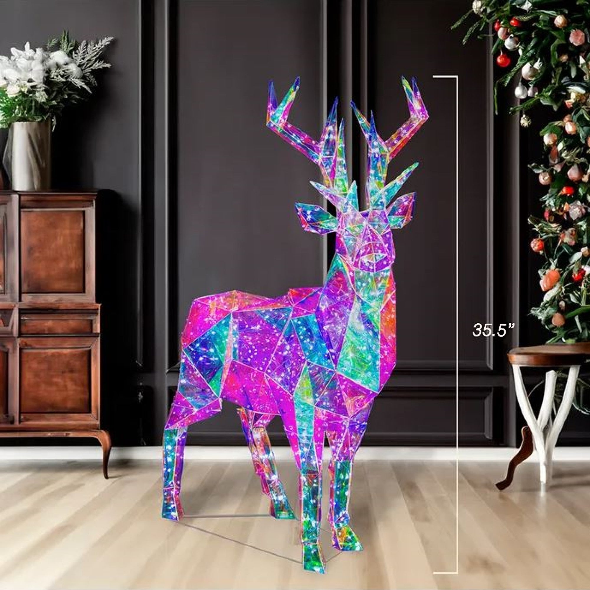 Kurt Adler Pre-Lit Cool White LED Holographic Iridescent Reindeer, 35.5in
