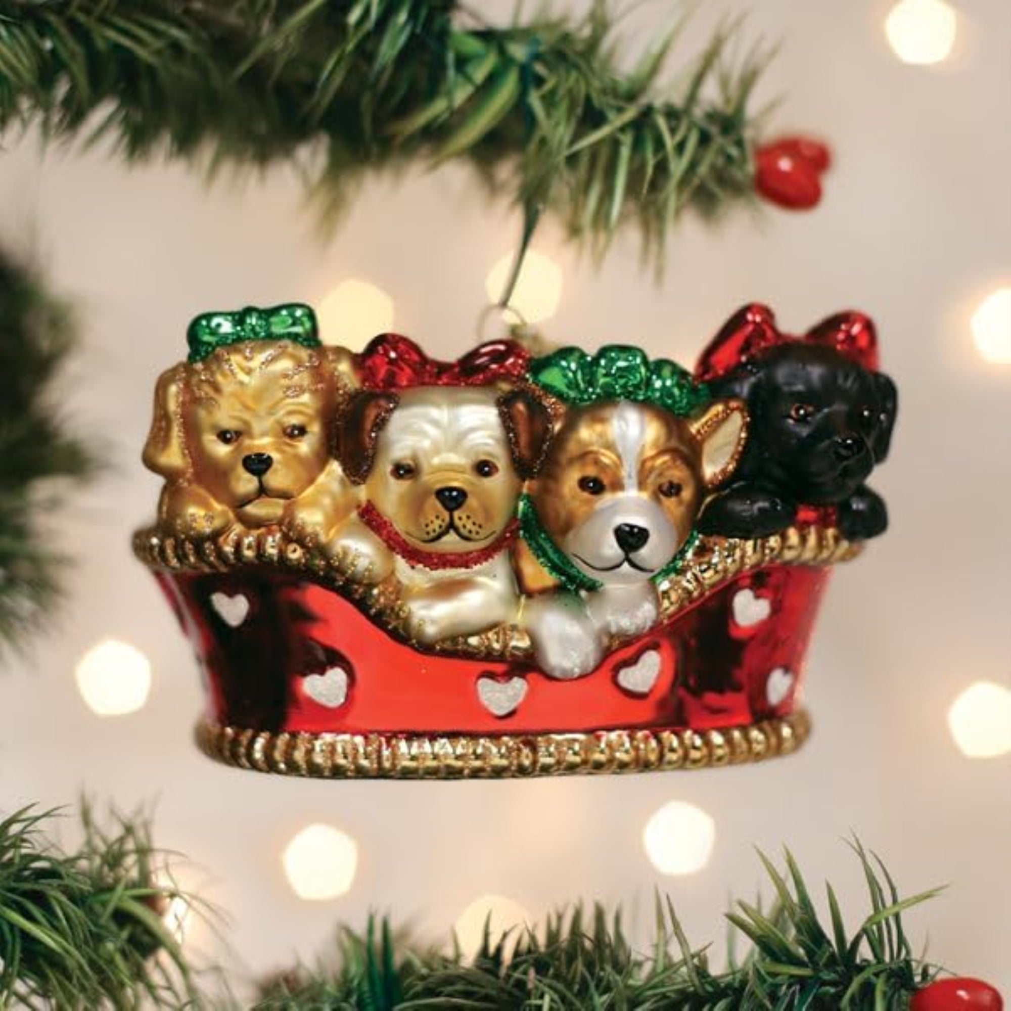 Old World Christmas Blown Glass Ornament for Christmas Tree, Puppies In A Basket (with OWC Gift Box)