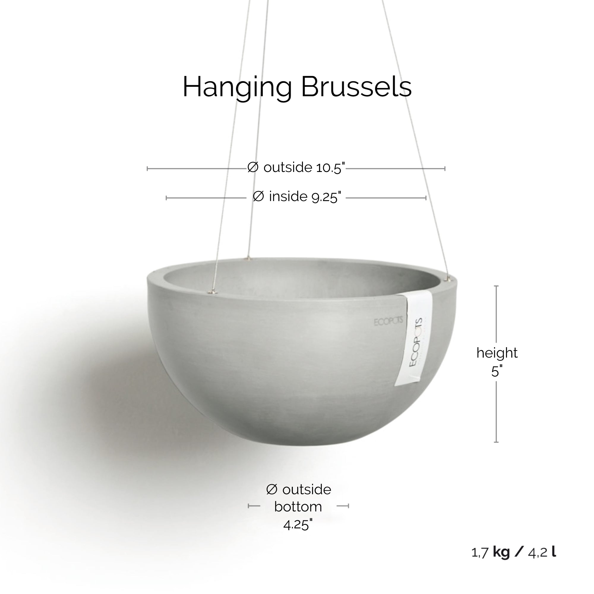 Ecopots Hanging Brussels Durable Modern Round Indoor/Outdoor Recycled-Based Composite Flower Pot Planter