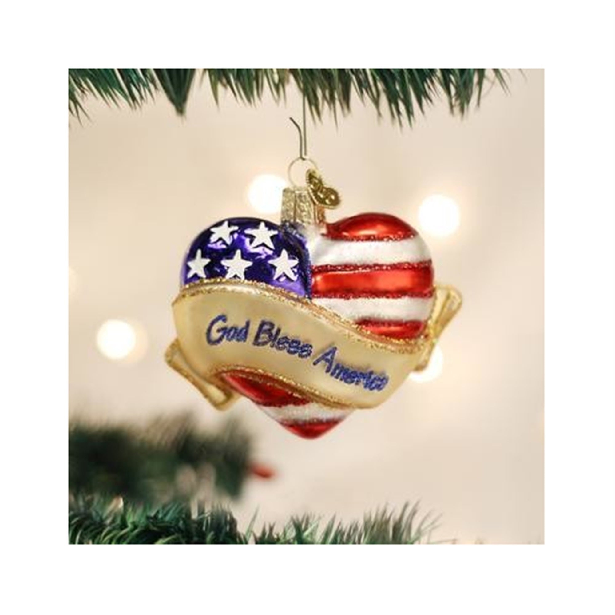 Old World Christmas Blown Glass Ornament for Christmas Tree, God Bless America Heart