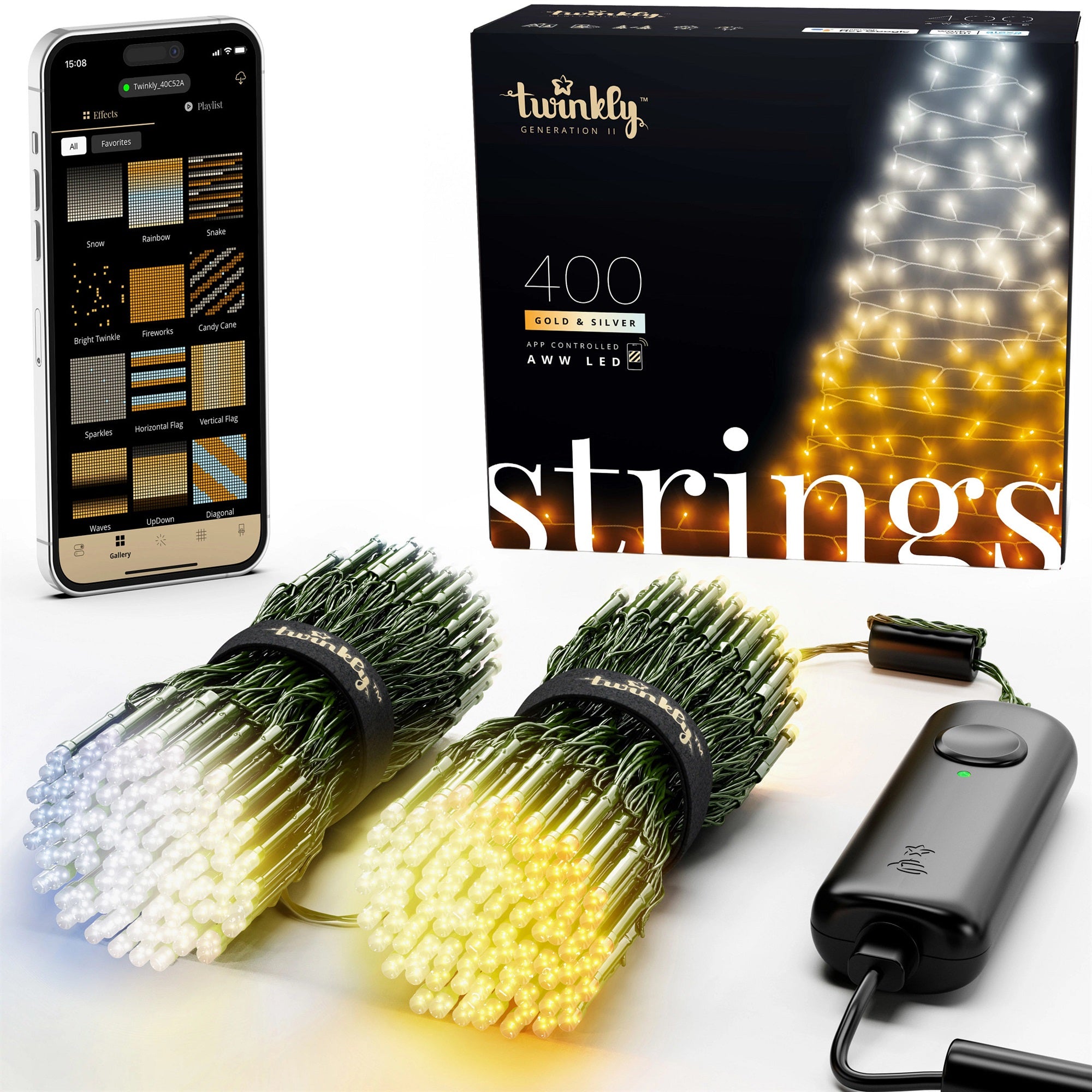 Twinkly Strings App Controlled Green Wire Christmas Light String Indoor and Outdoor Smart Home Lighting Decoration, Gold and Silver AWW LED