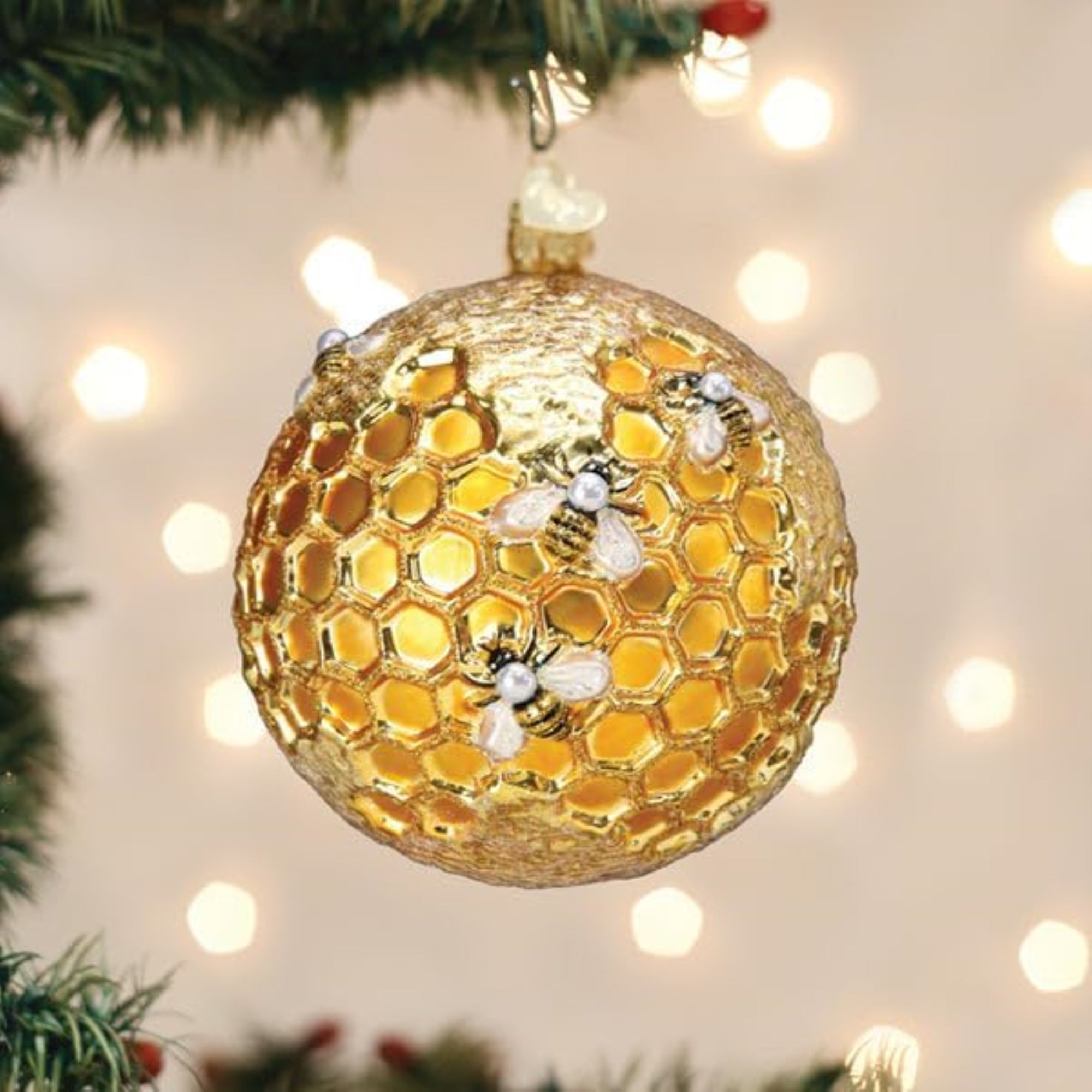 Old World Christmas Hanging Mouth-Blown Glass Ornament for Trees, Bee Blessed Round Ball, 3.5"