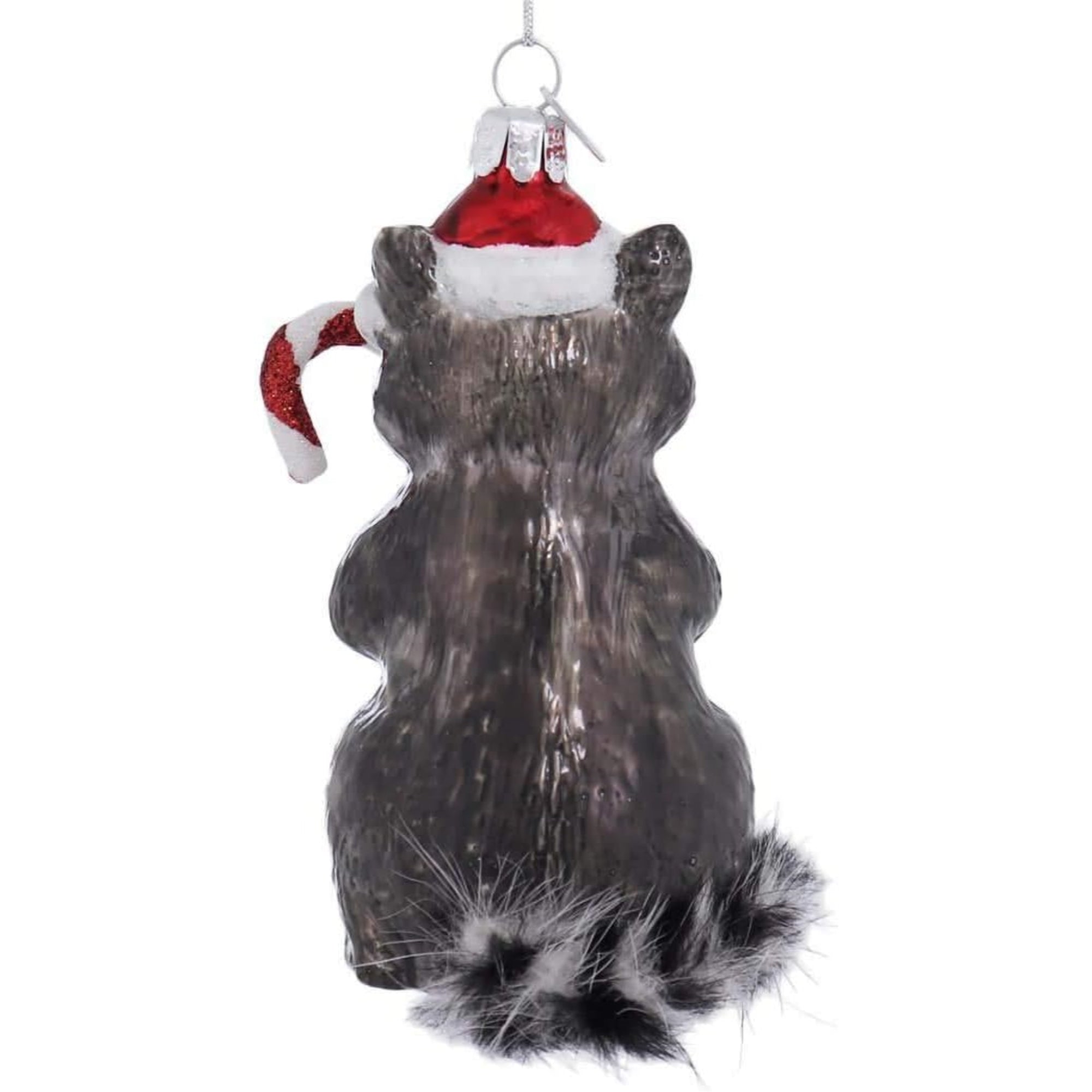 Kurt Adler Noble Gems Glass Ornament for Christmas Tree, Raccoon with Candy Cane