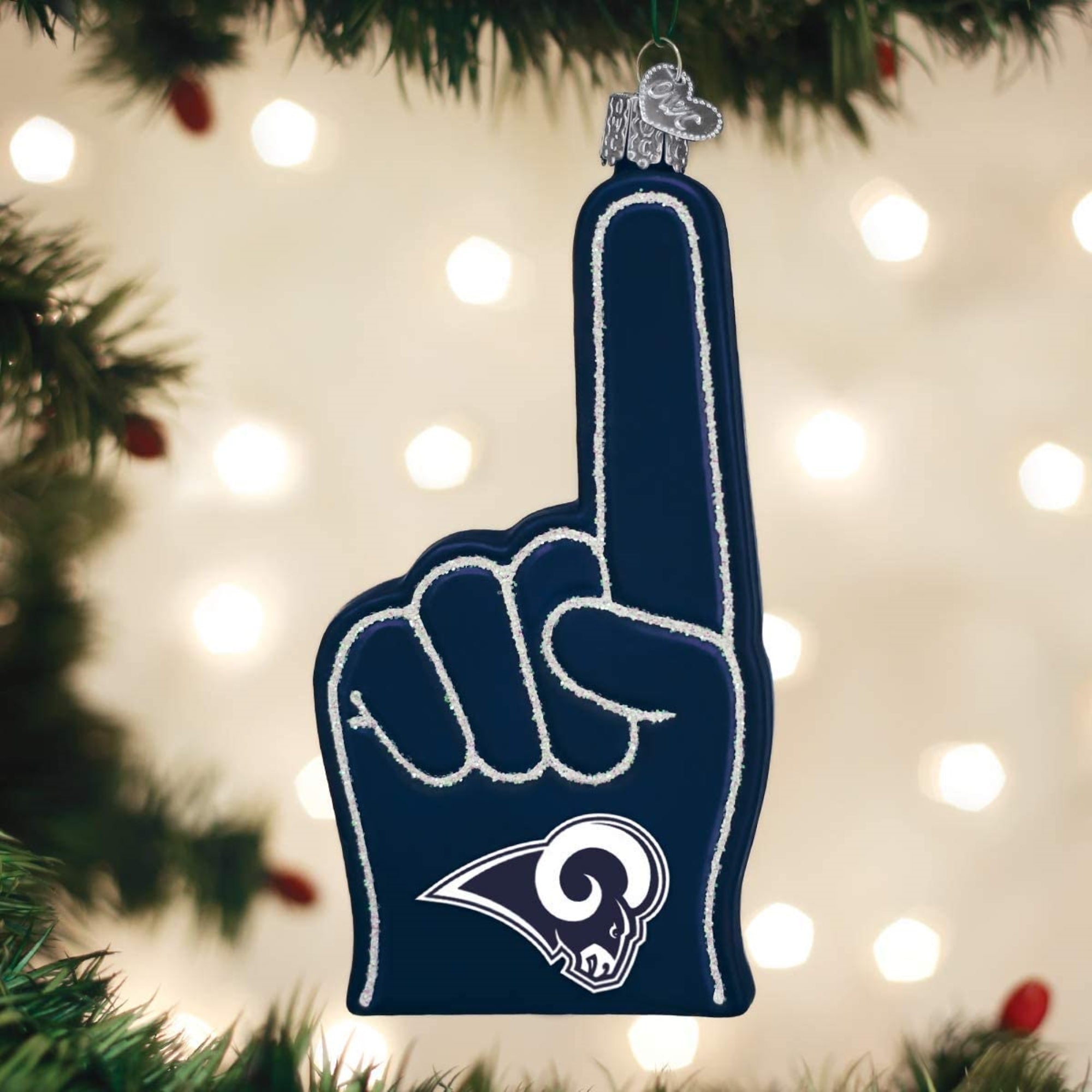 Old World Christmas Blown Glass Ornament for Christmas Tree, Los Angeles Rams Foam Finger