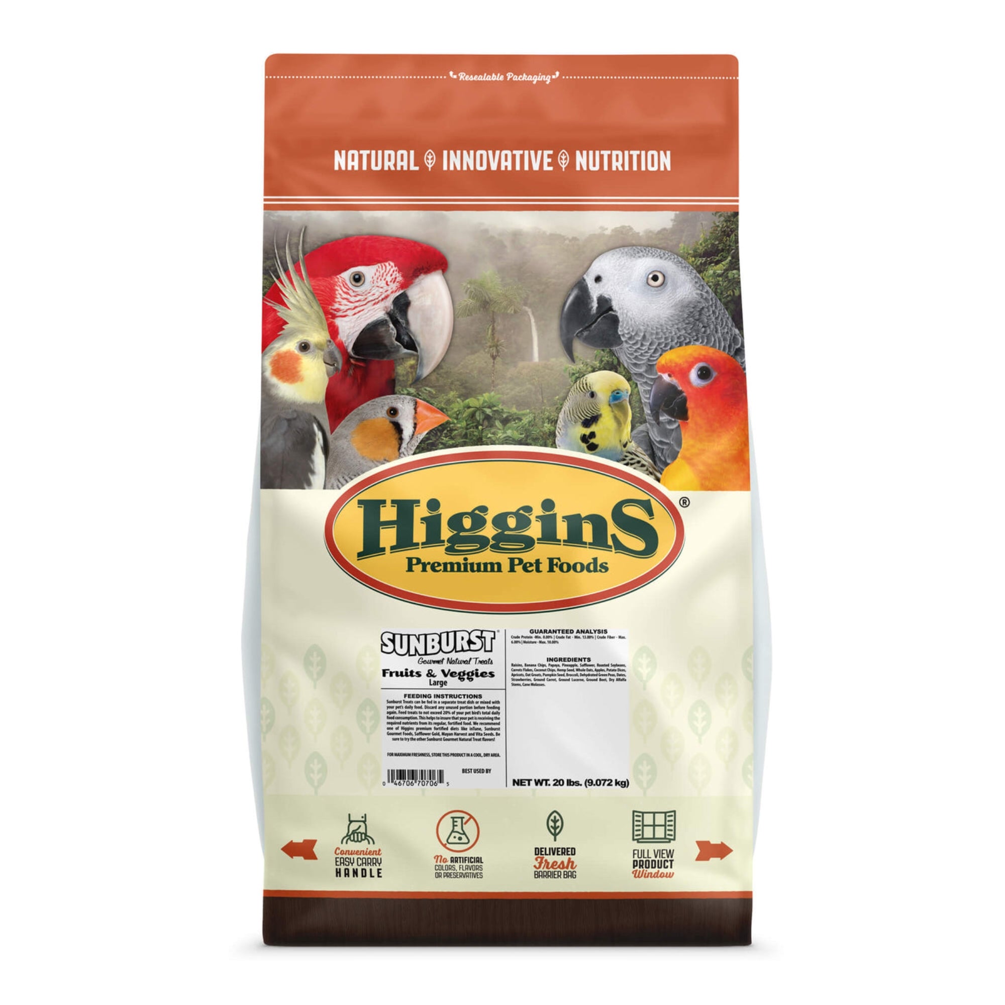 Higgins Sunburst Gourmet Fruit and Veggies Natural Treats for Conures, Parrots, and Macaws, 20lbs