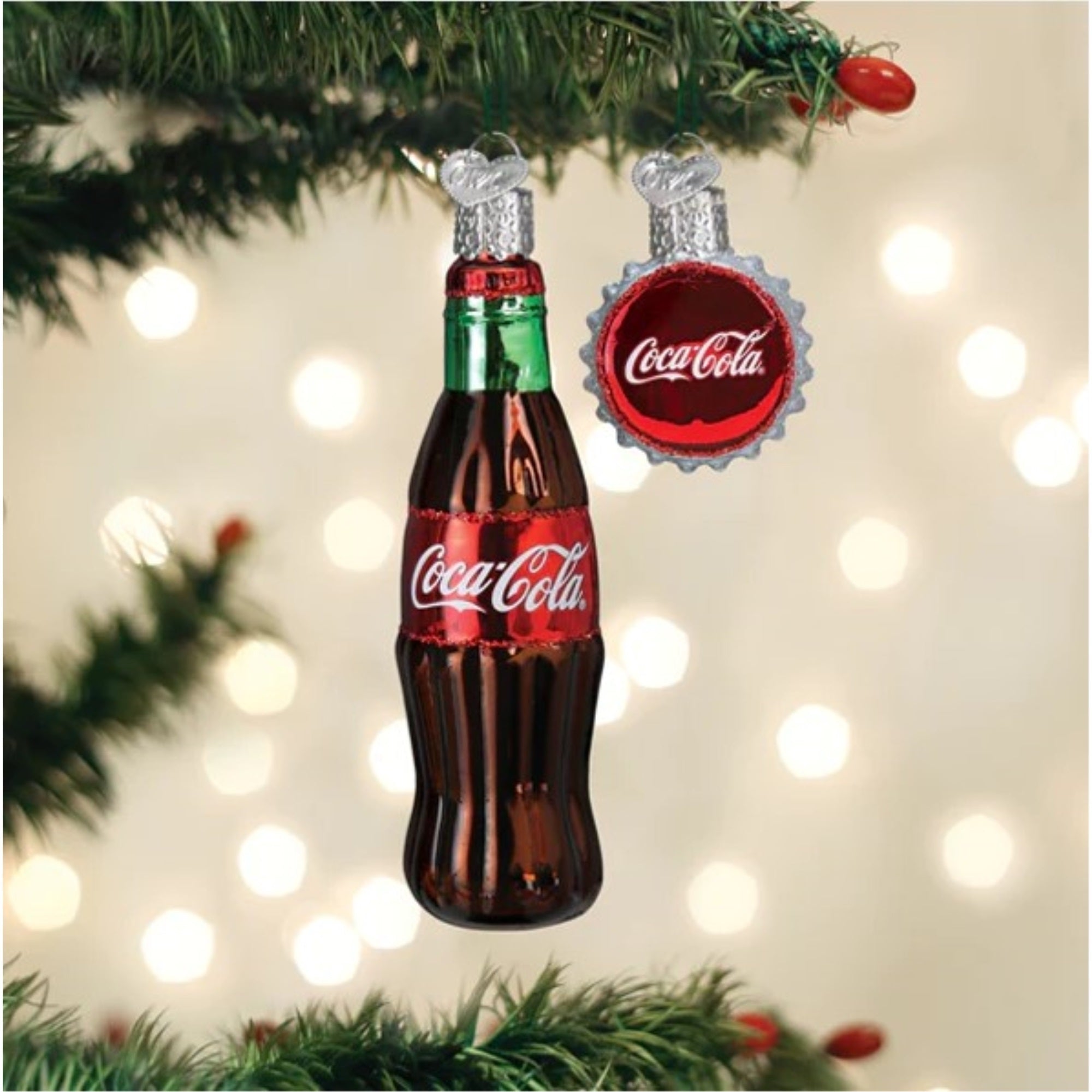Old World Christmas Blown Glass Ornaments for Christmas Tree, Coca-Cola Bottle and Cap (2-Piece Set)