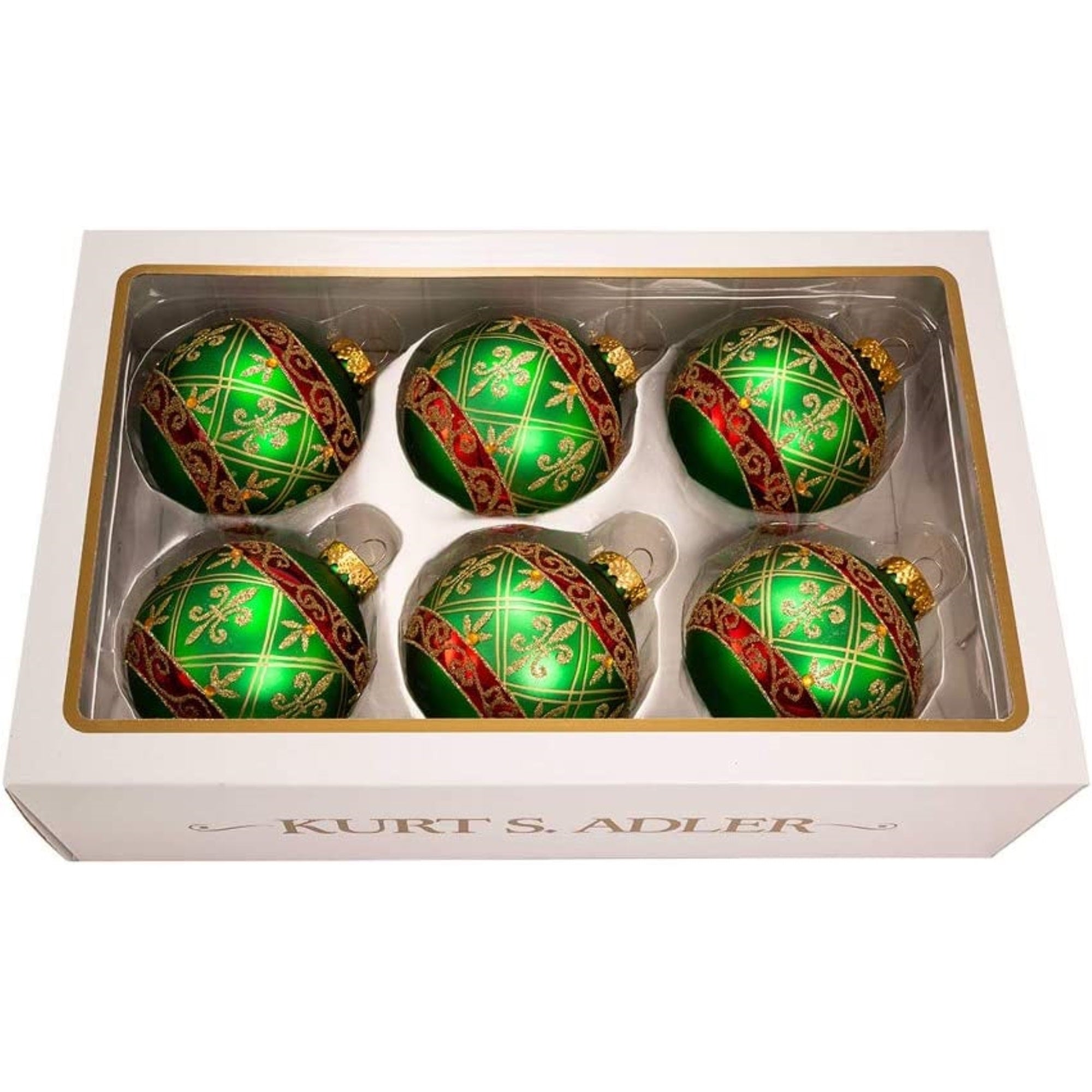 Kurt Adler Green Glass Ball Ornament With Red and Gold Fleur-De-Lis Design, 6-Piece Box Set, 3"