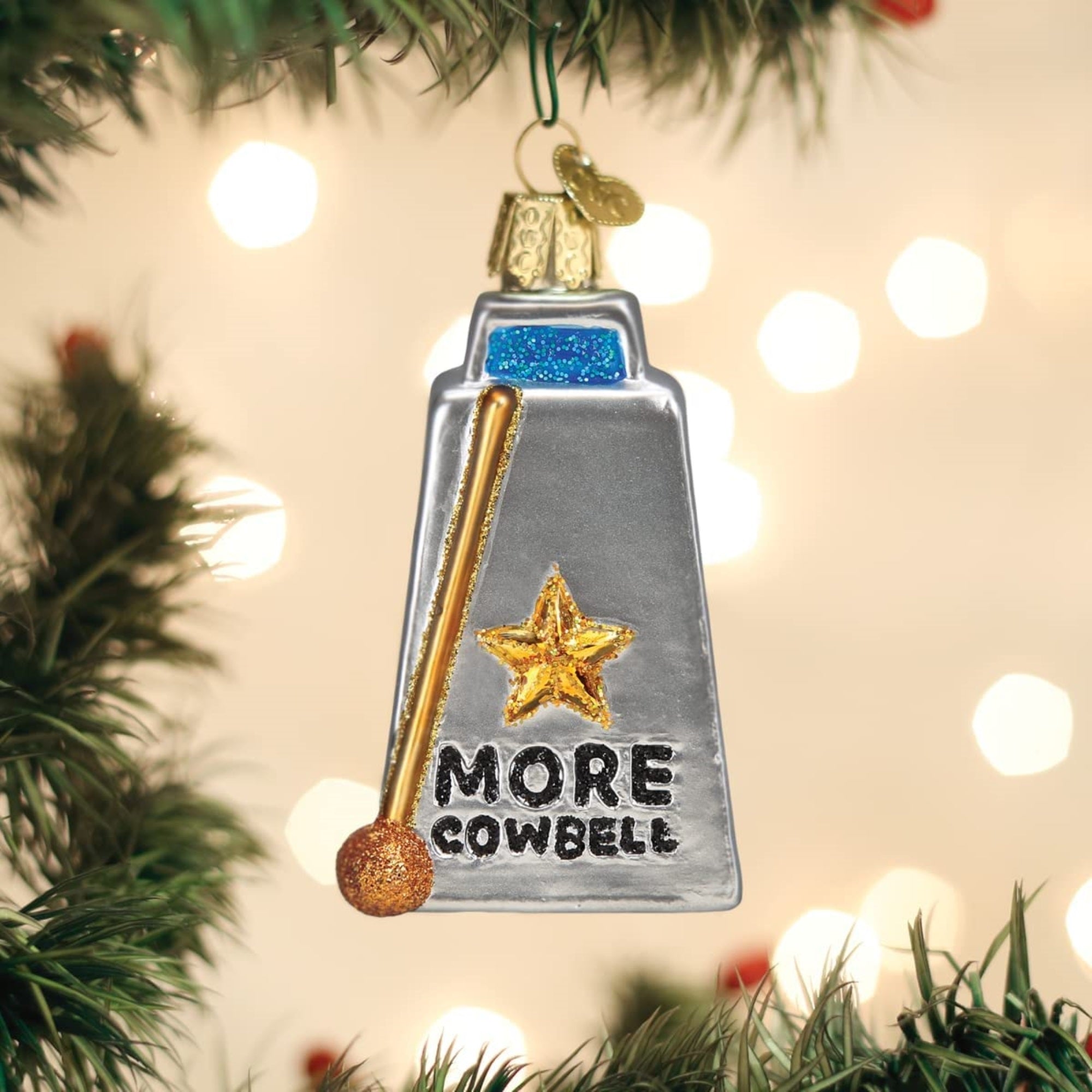 Old World Christmas Glass Blown Cowbell Ornament, 3.25"