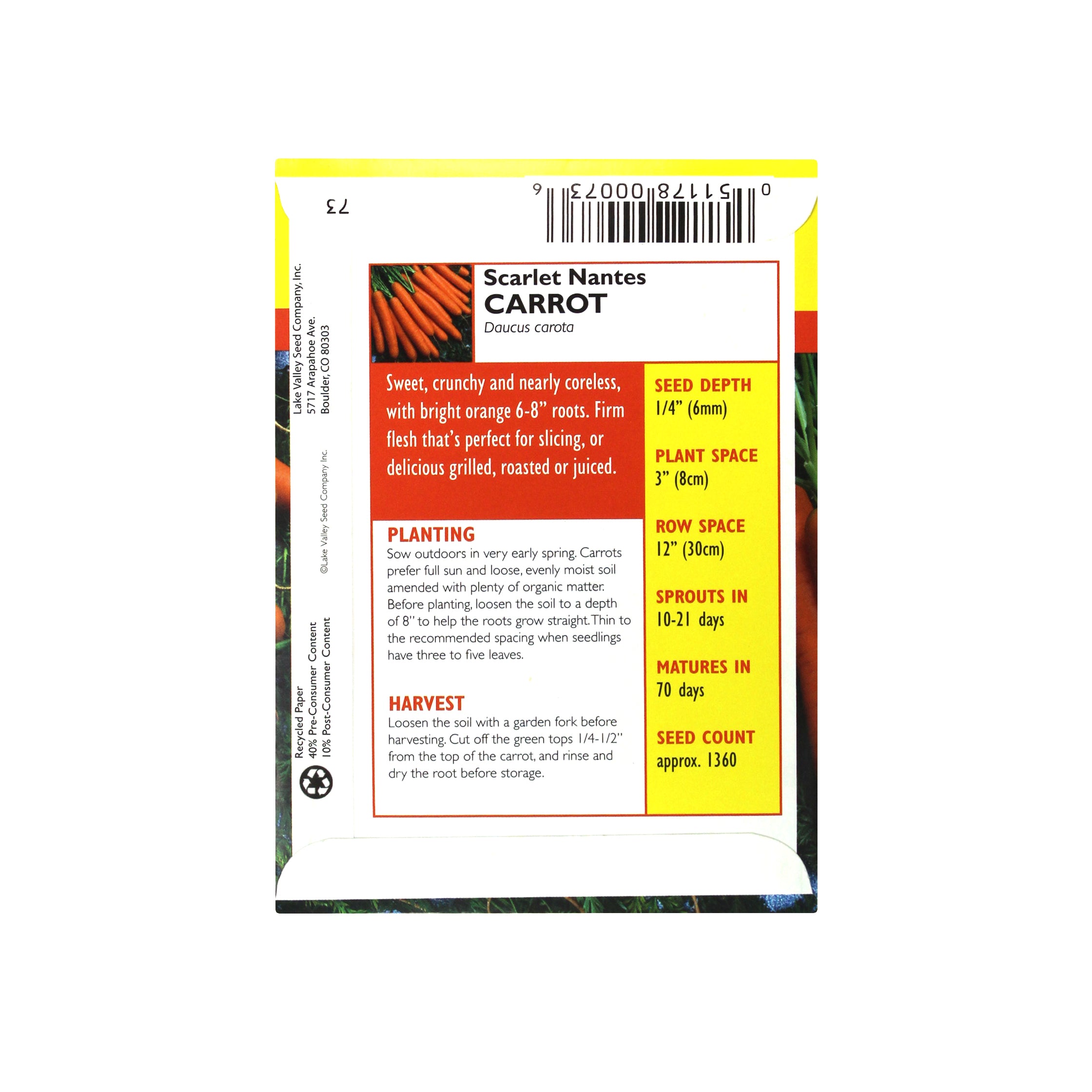 Lake Valley Seed Scarlet Nantes Heirloom Carrot Vegetable, 1.5g