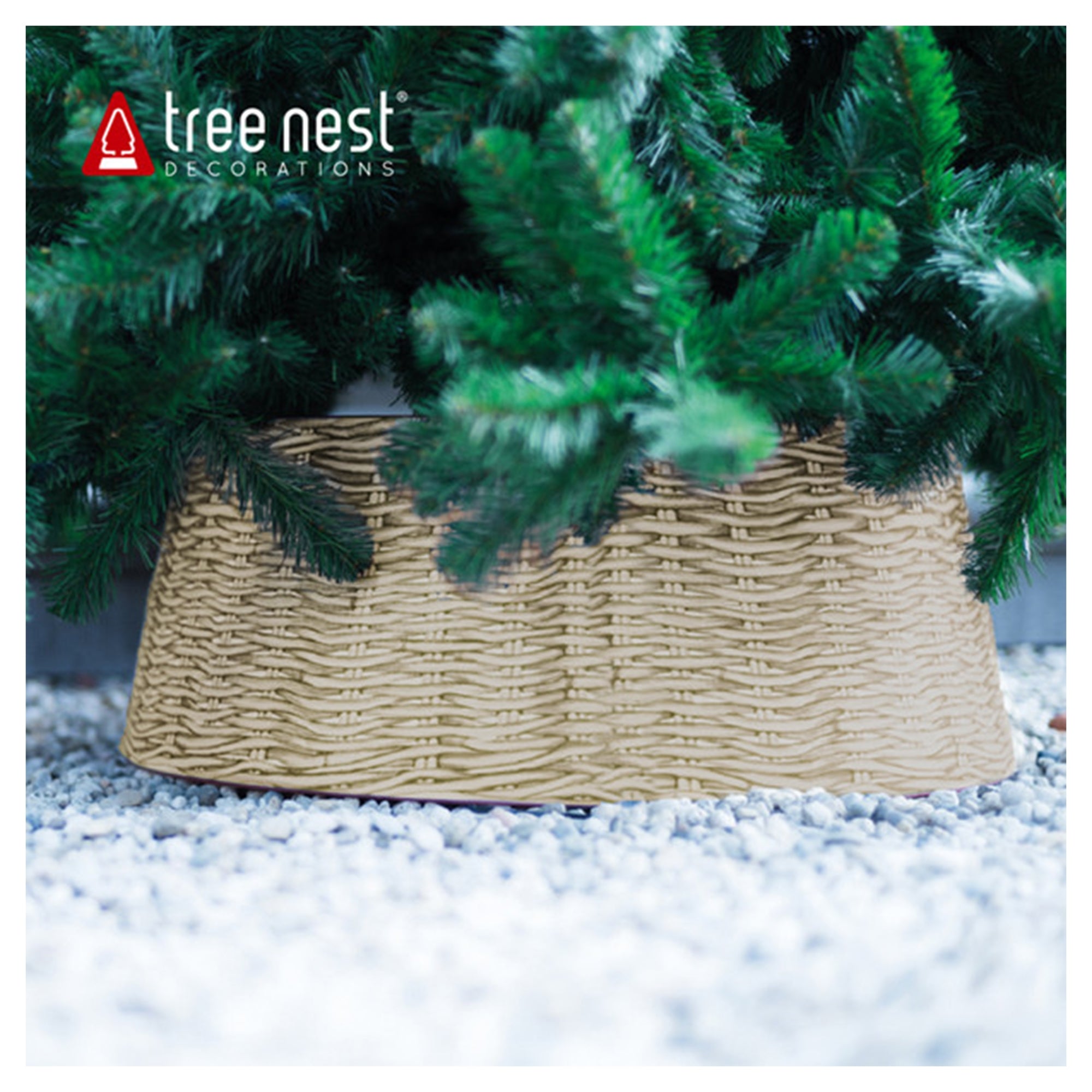 Tree Nest Christmas Decal Covered Tree Collar for Artificial or Living Christmas Tree, Woven Rattan Appearance, Large, Gray