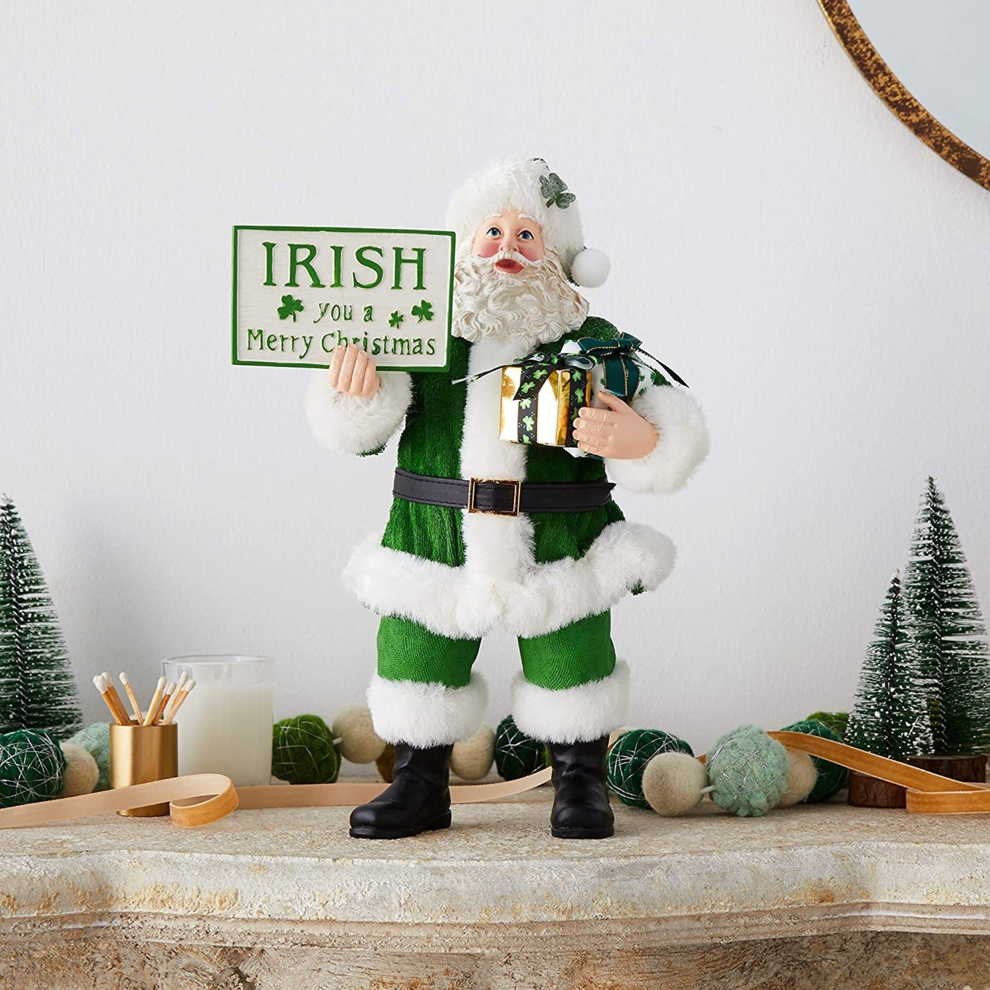 Kurt S. Adler Fabriché Musical Irish Gift Box and Sign Santa Christmas Figurine, 10.5"