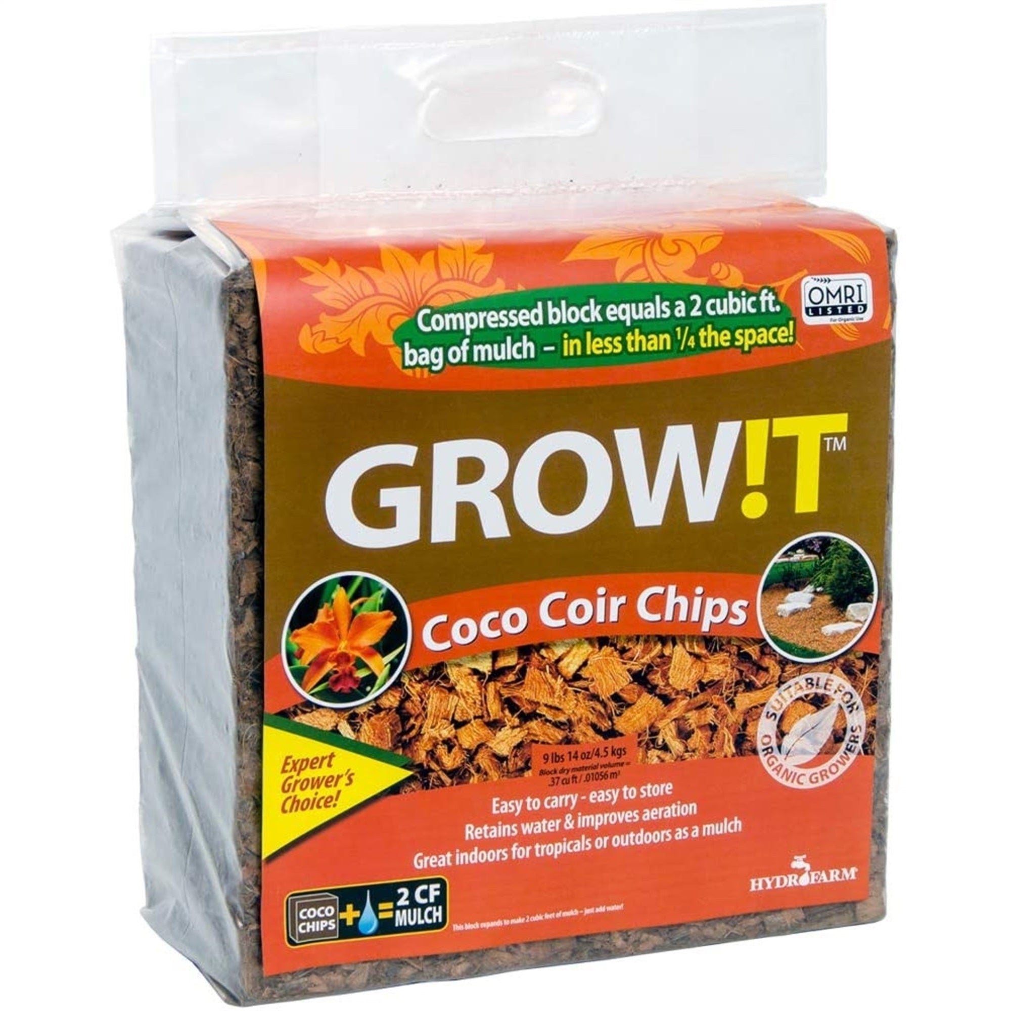 Hydrofarm Organic Coco Coir Planting Chips, Block, 9lb, 15oz