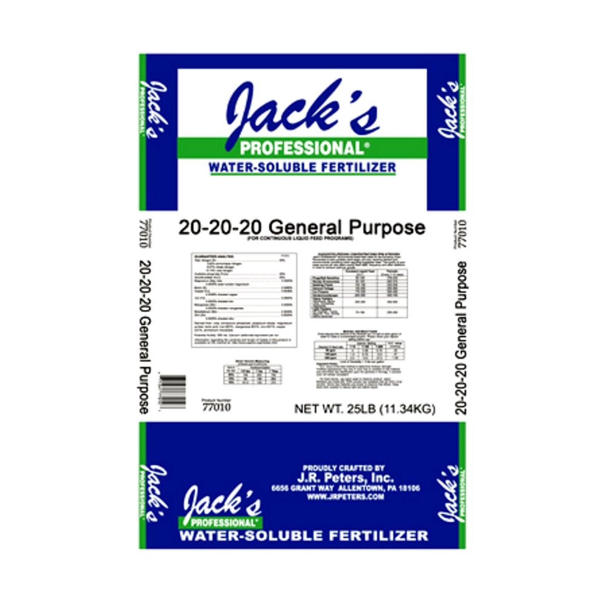 Jack's Professional 20-20-20 General Purpose Water-Soluble Fertilizer with Micronutrients for Heavy Feeding Plants in Continuous Liquid Feed Programs, 25lbs