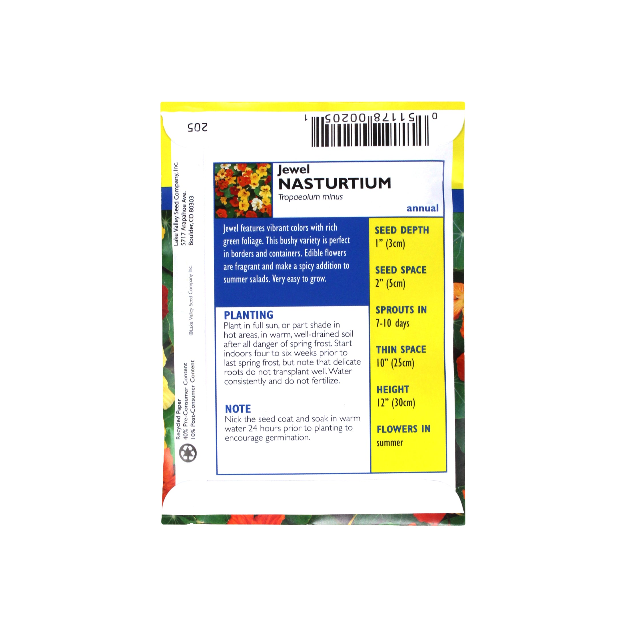 Lake Valley Seed Nasturtium, Jewel Heirloom Dwarf Mix, 3g