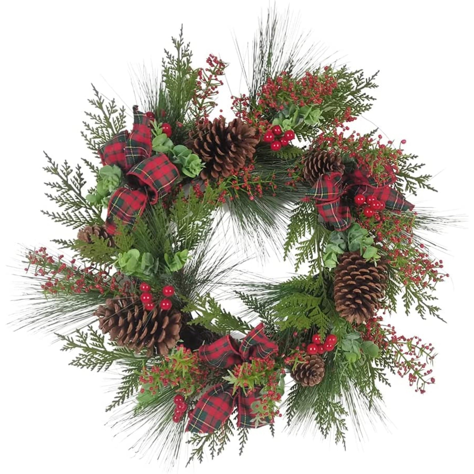 Kurt Adler Artificial Berries and Pinecones Ribbon Rattan Wreath Christmas Decoration, Brown/Green, 24"