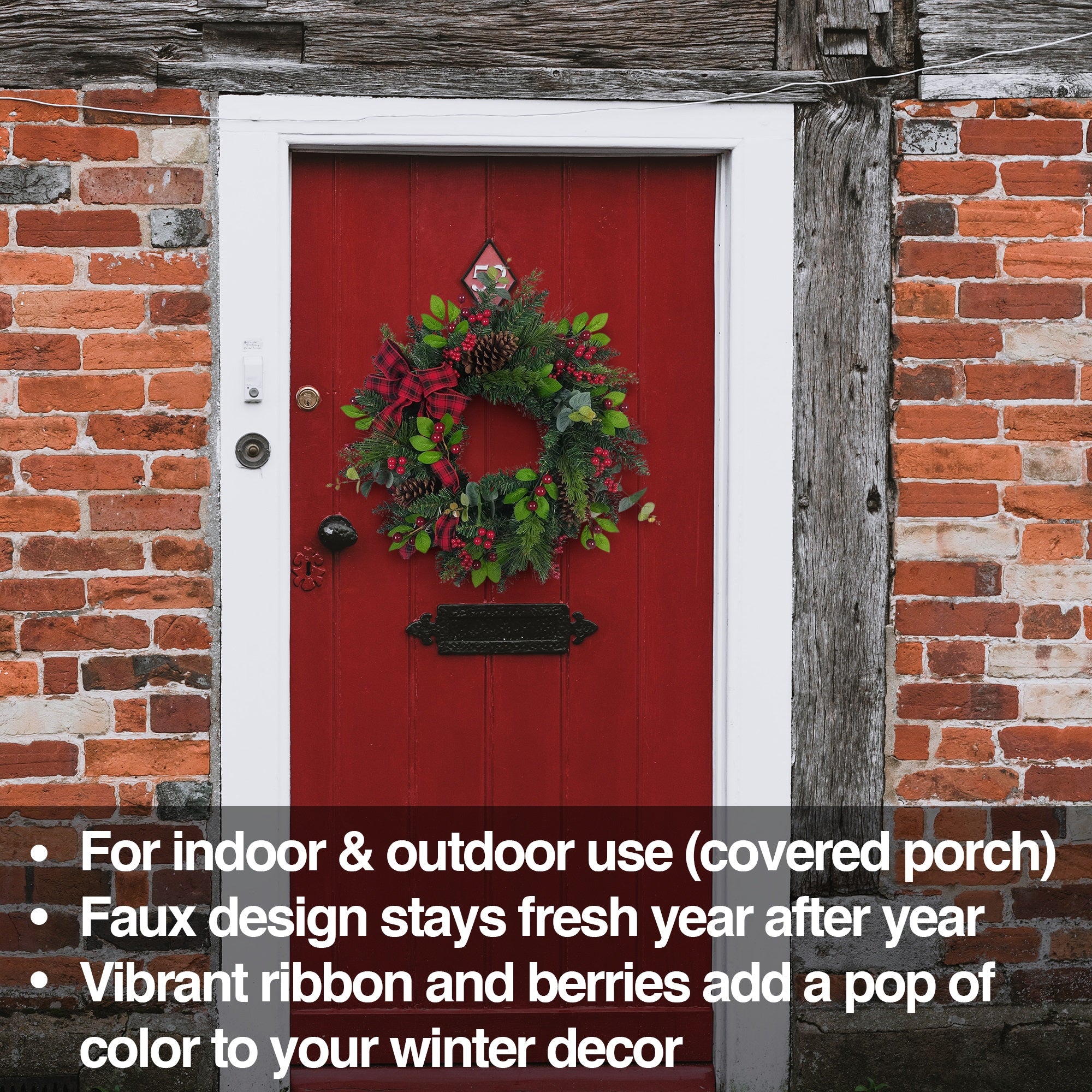 Kurt Adler Artificial Berries and Pinecone Ribbon Wreath Christmas Decoration, Green, 24"