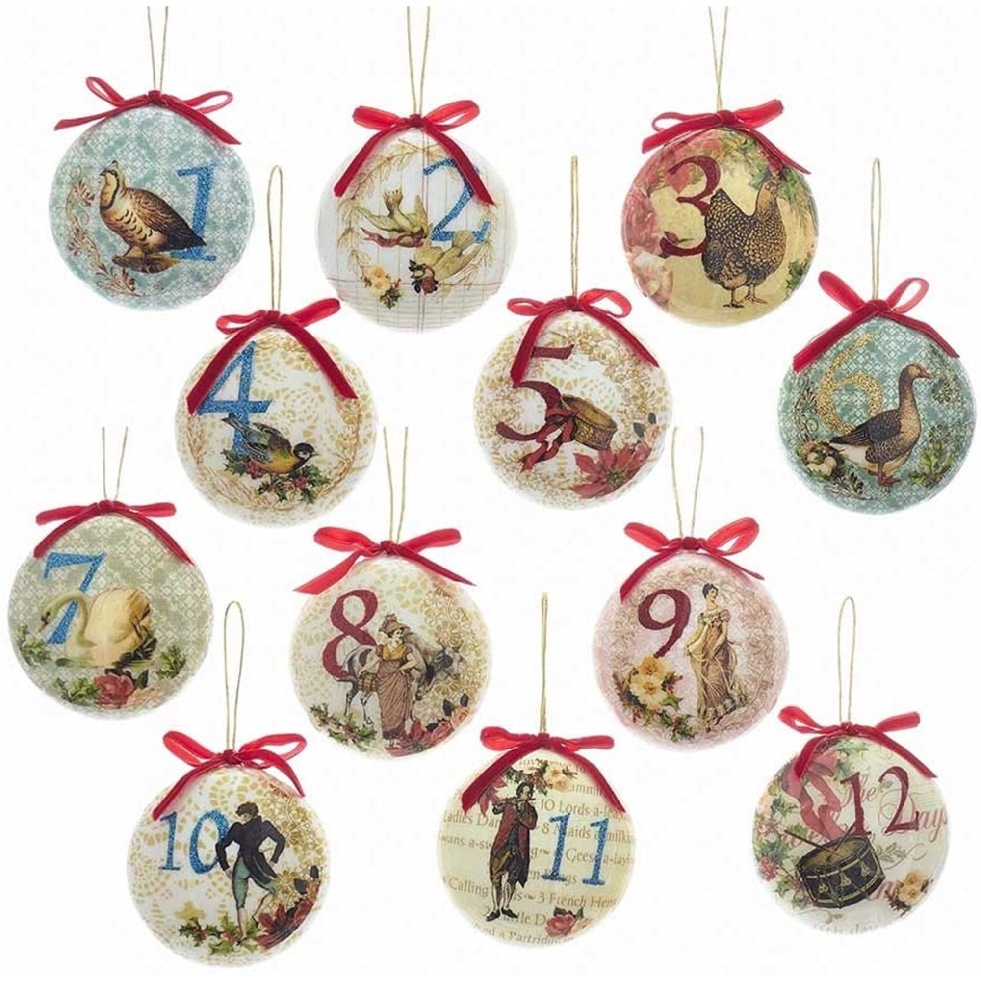 Kurt Adler Decoupage Ball Ornaments,12 Days of Christmas, 3.5" (12 Piece)