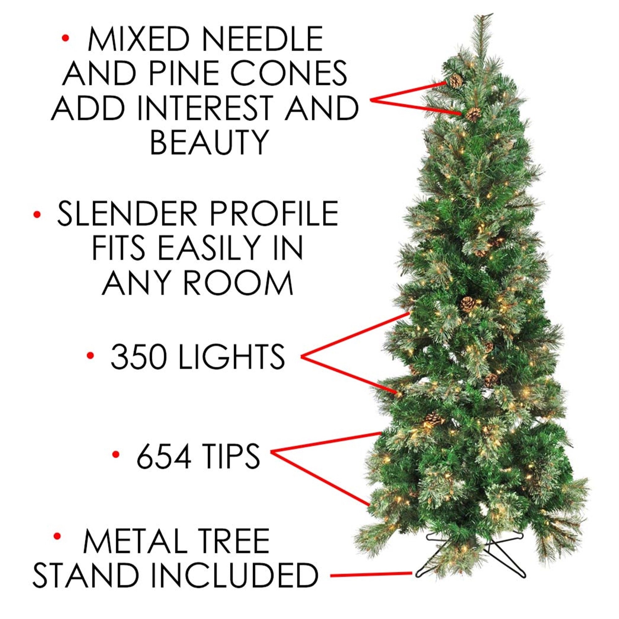 Garden Elements Pre-Lit Artificial Pencil Fir Christmas Tree with Pine Cones, 654 Tips, 350 Clear Lights, 6.5 ft