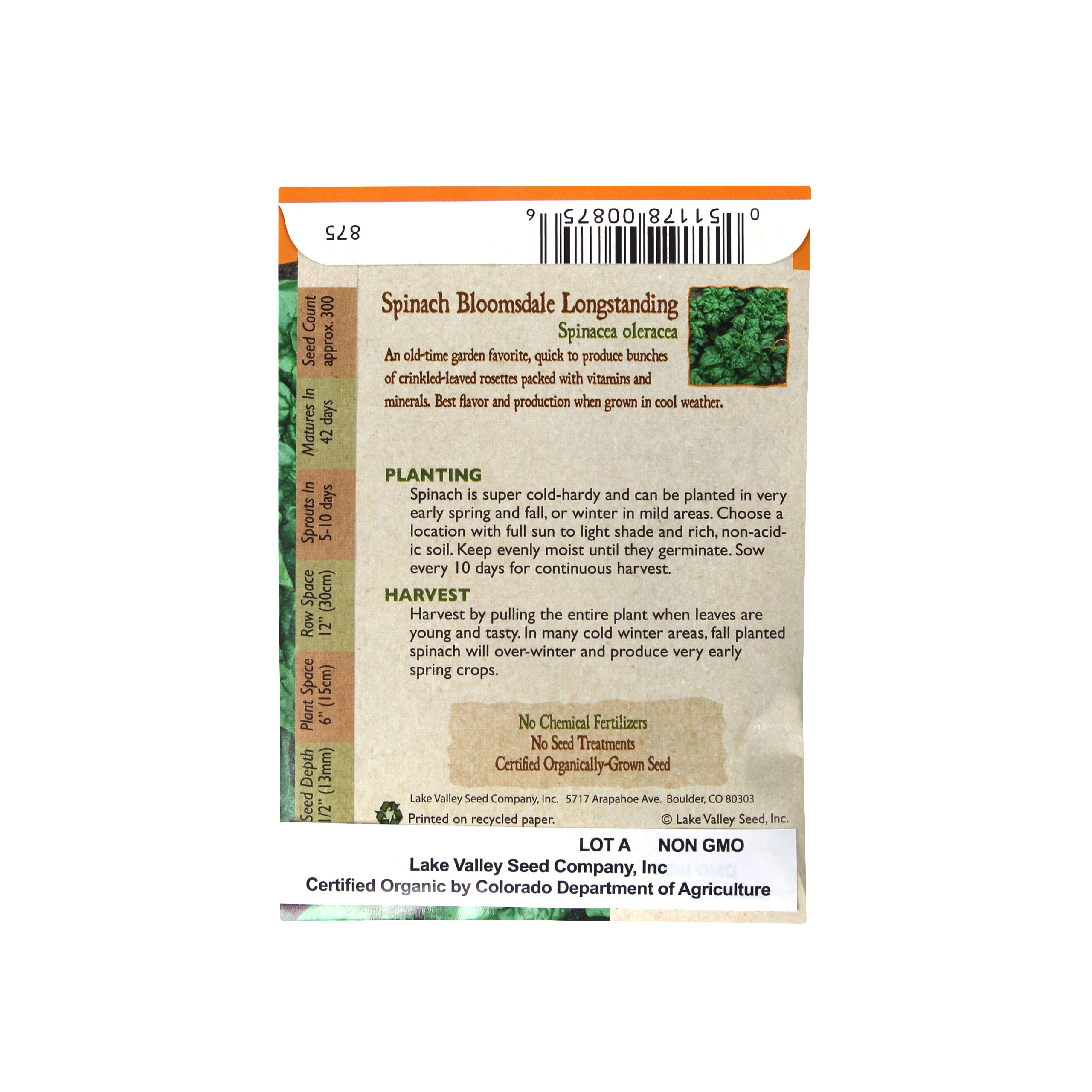 Lake Valley Seed Spinach Organic Bloomsdale Vegetable Seeds, 4g