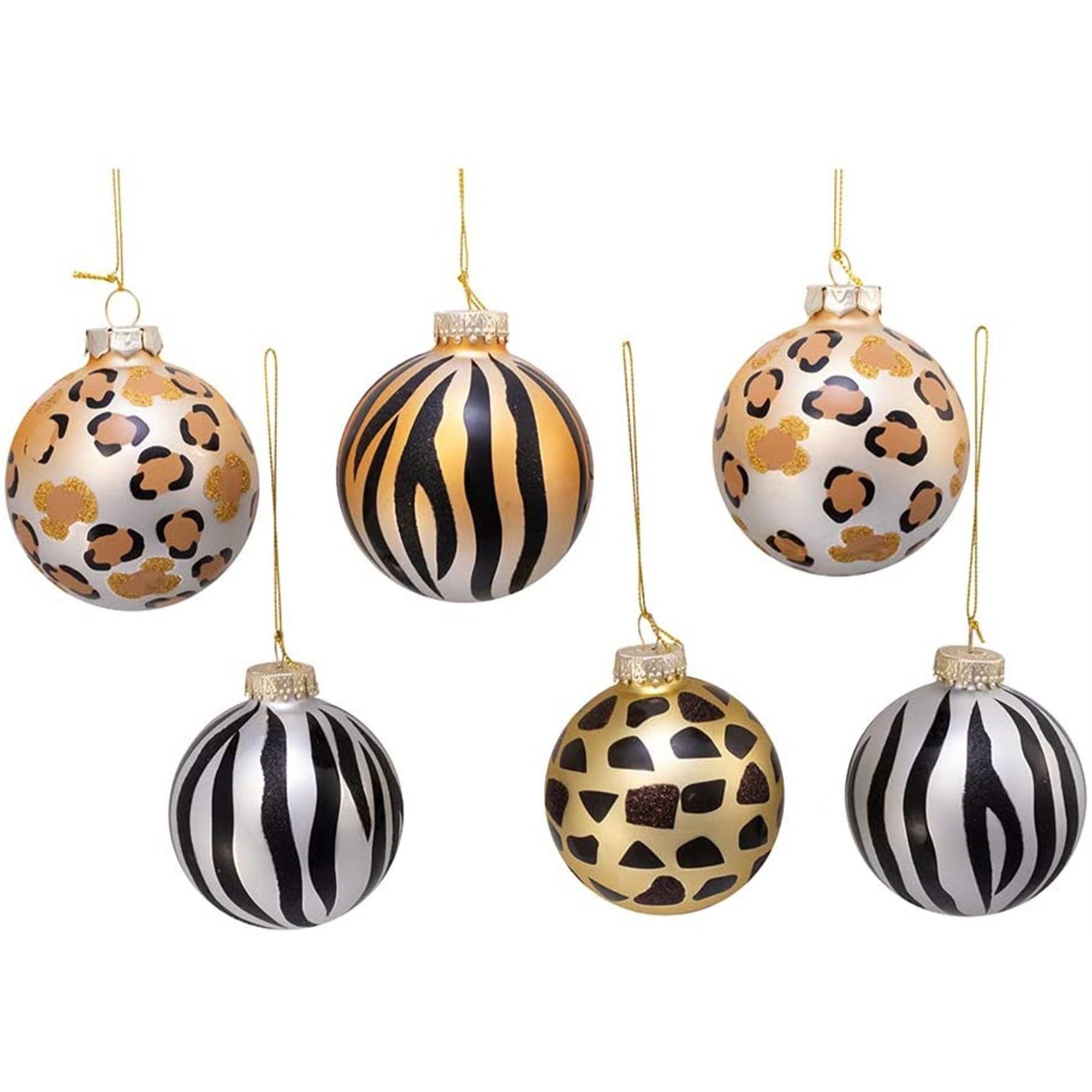 Kurt Adler Gold, Silver and Black Animal Glass Ball 3" (Pack of 6)