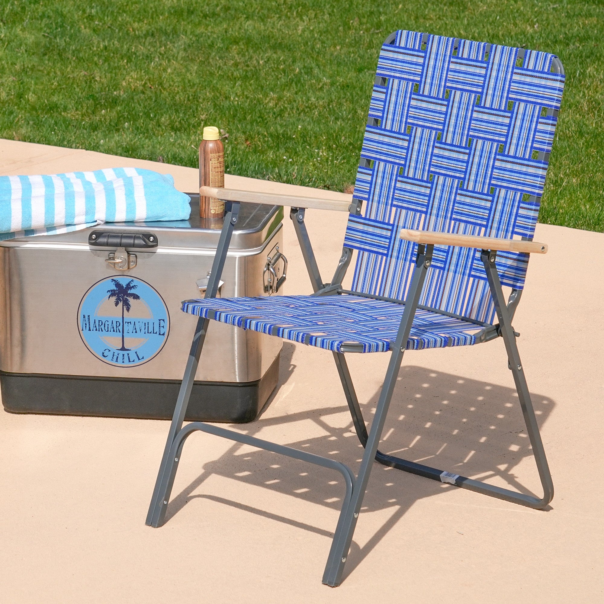 Garden Elements Steel Folding Grey Outdoor Patio/Camping Chair with Blue Woven Fabric and Arm Rests (Pack of 2)