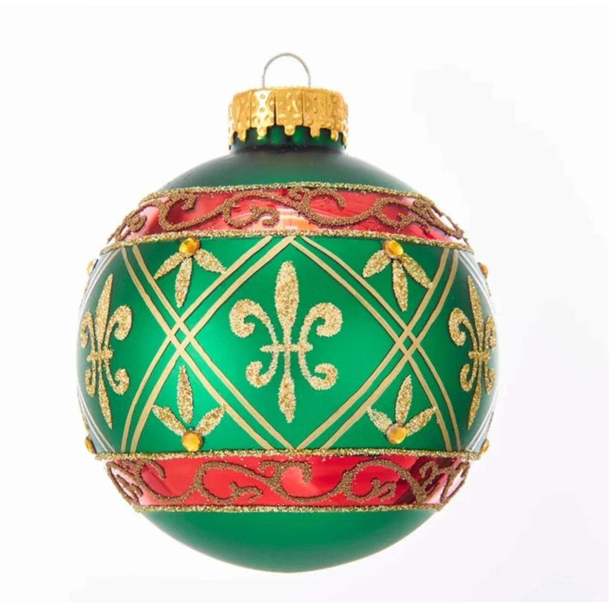 Kurt Adler Green Glass Ball Ornament With Red and Gold Fleur-De-Lis Design, 6-Piece Box Set, 3"