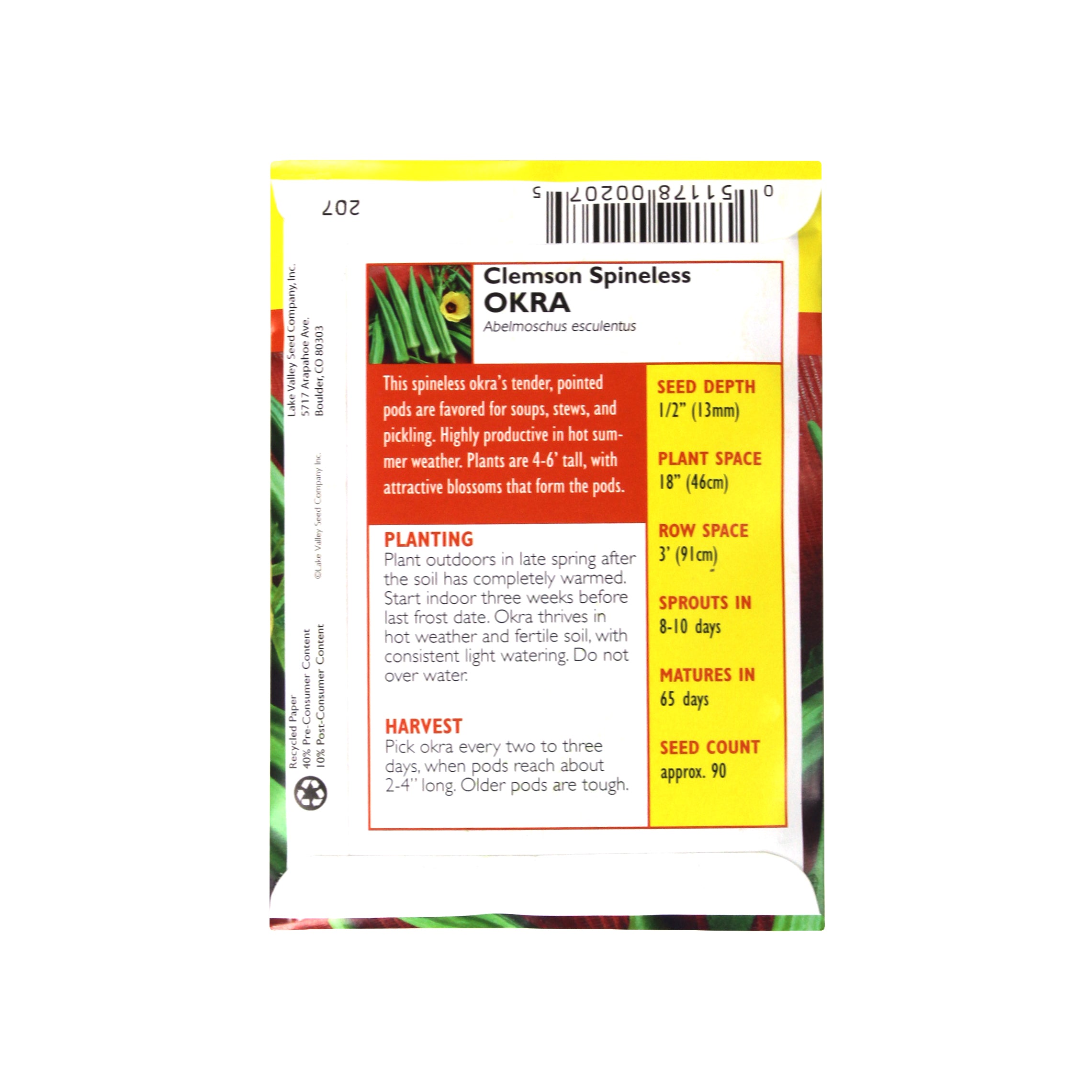 Lake Valley Seed Okra, Clemson Spineless Heirloom, 5g