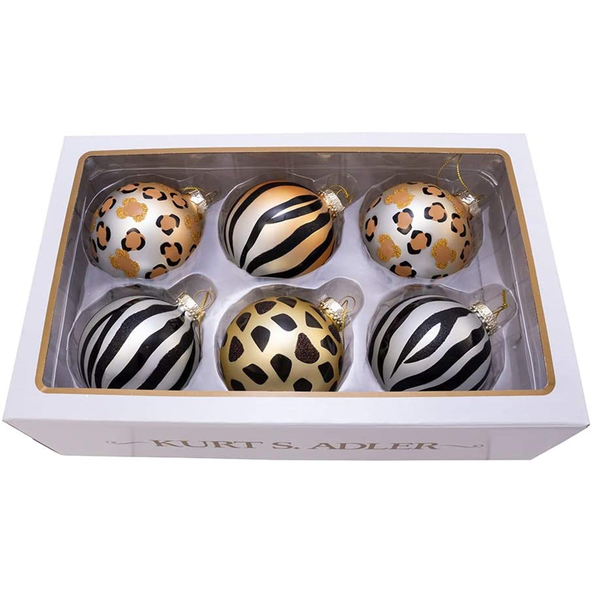 Kurt Adler Gold, Silver and Black Animal Glass Ball 3" (Pack of 6)