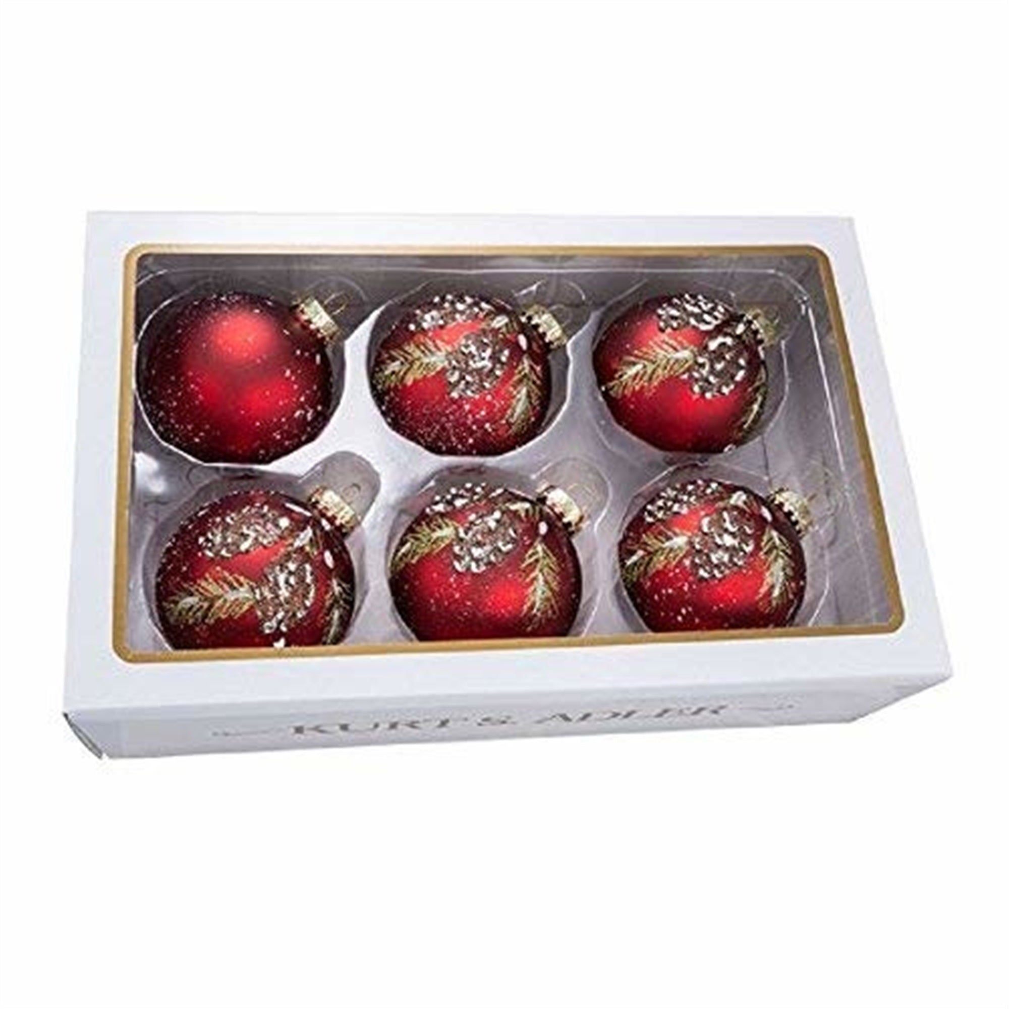 Kurt Adler Pinecone Glass Red Design Ball Decorative Hanging Ornaments 6 Piece Box Set
