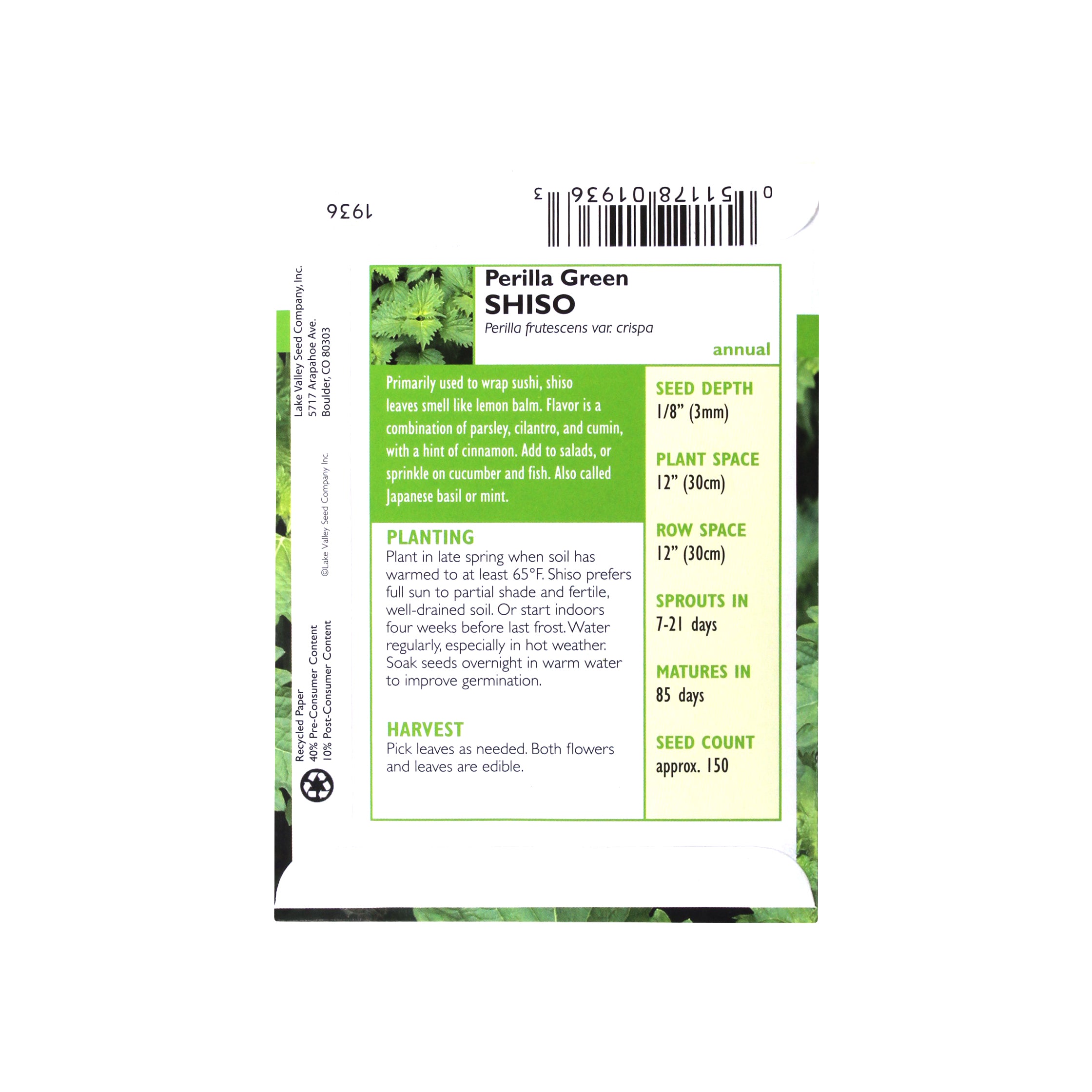 Lake Valley Seed Shiso Perilla Green Heirloom Culinary Plant, 0.20g