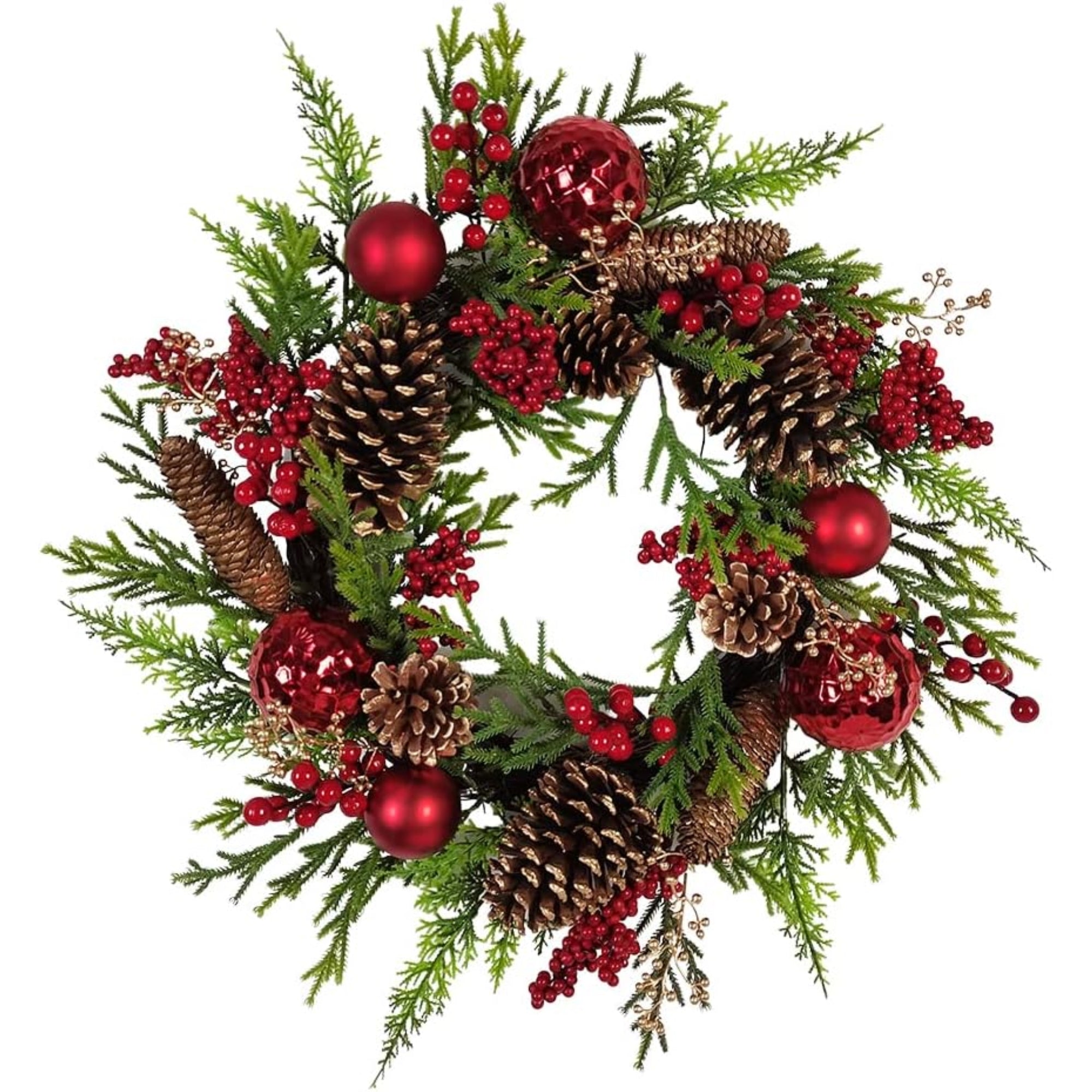Kurt Adler Unlit Rattan Artificial Christmas Decorated Wreath with Pinecones, Red and Green, 24"