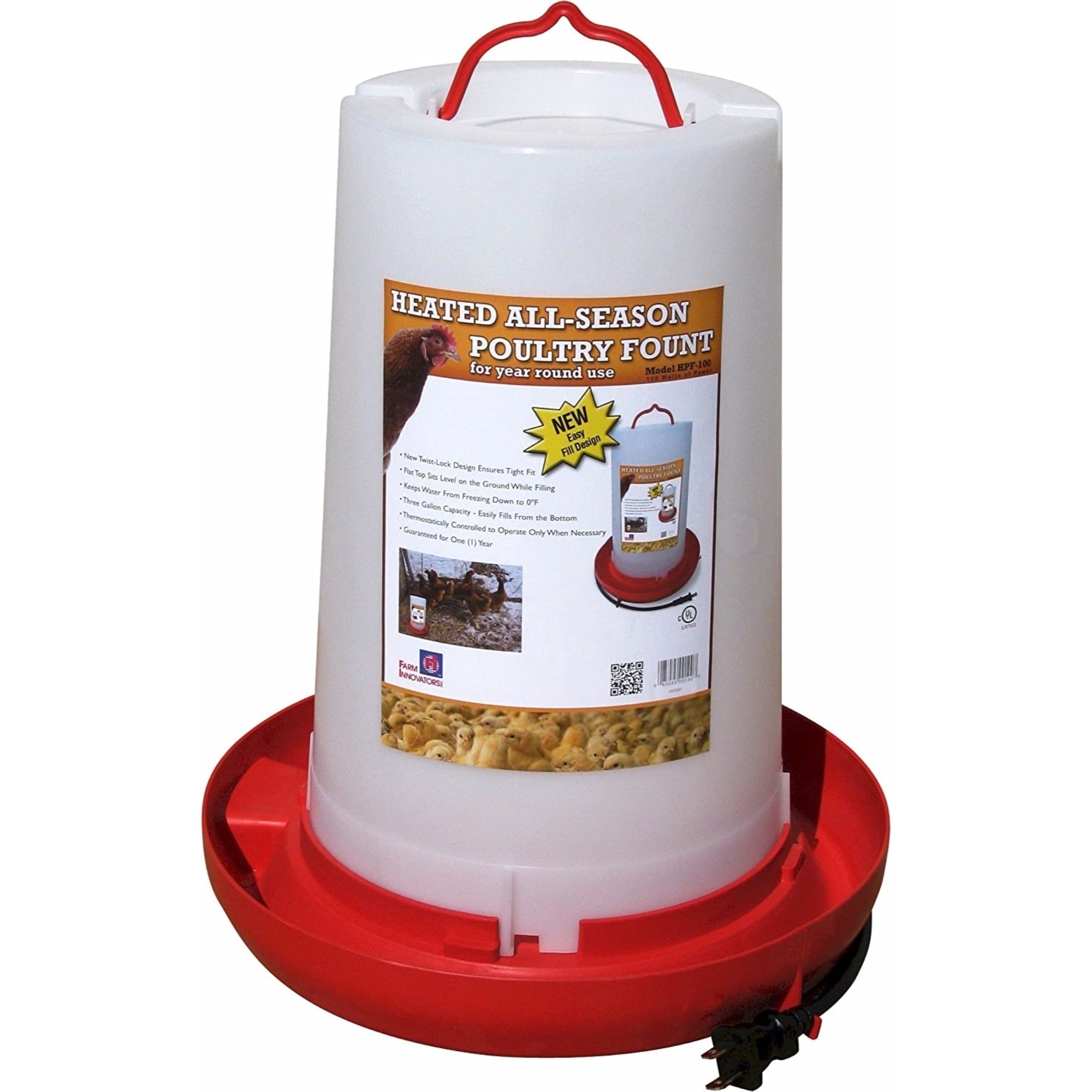 Farm Innovators All-Seasons Heated Plastic Poultry Fountain, 100-Watt, 3 Gallon