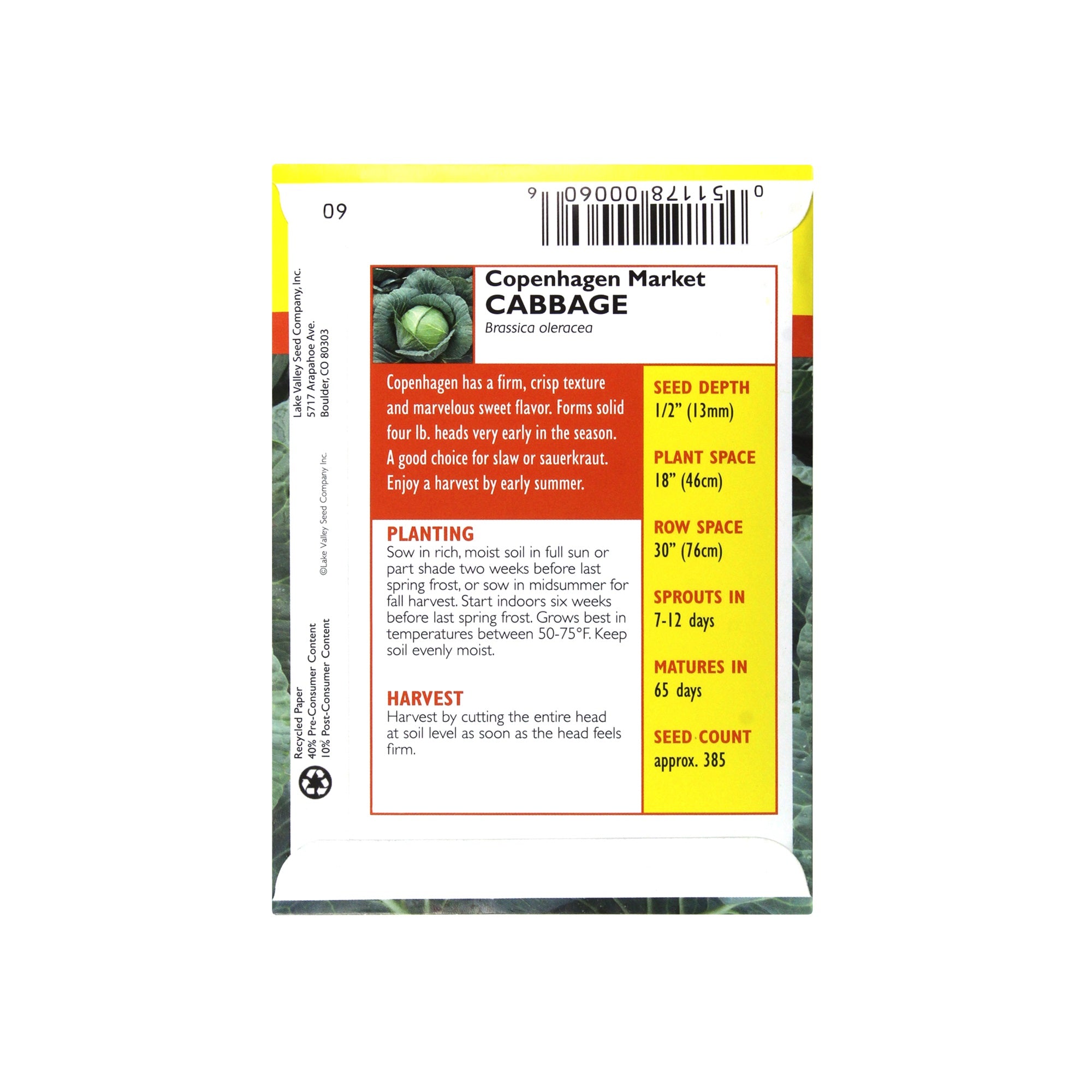Lake Valley Seed Copenhagen Market Cabbage Vegetable, 1.5g