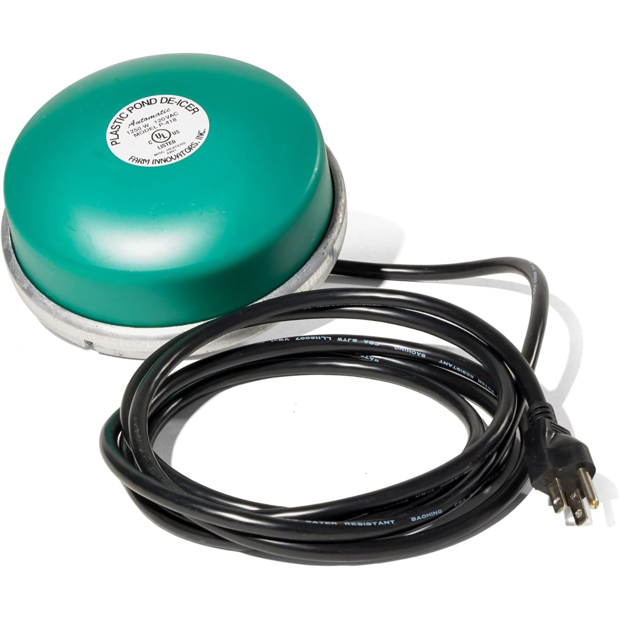 Farm Innovators Premium Cast Aluminum Floating Pond De-Icer with Built-in Thermostatic Control and 10 Foot Cord, 1250 Watts, Green, 7.5”