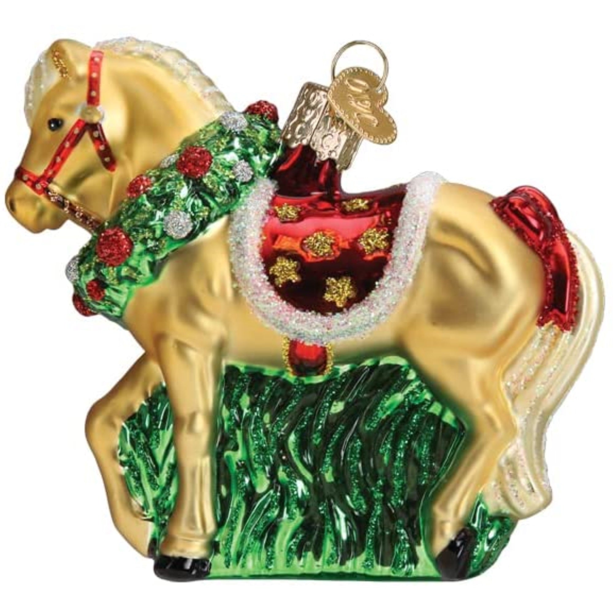 Old World Christmas Horse with Wreath Glass Blown Ornament for Christmas Tree