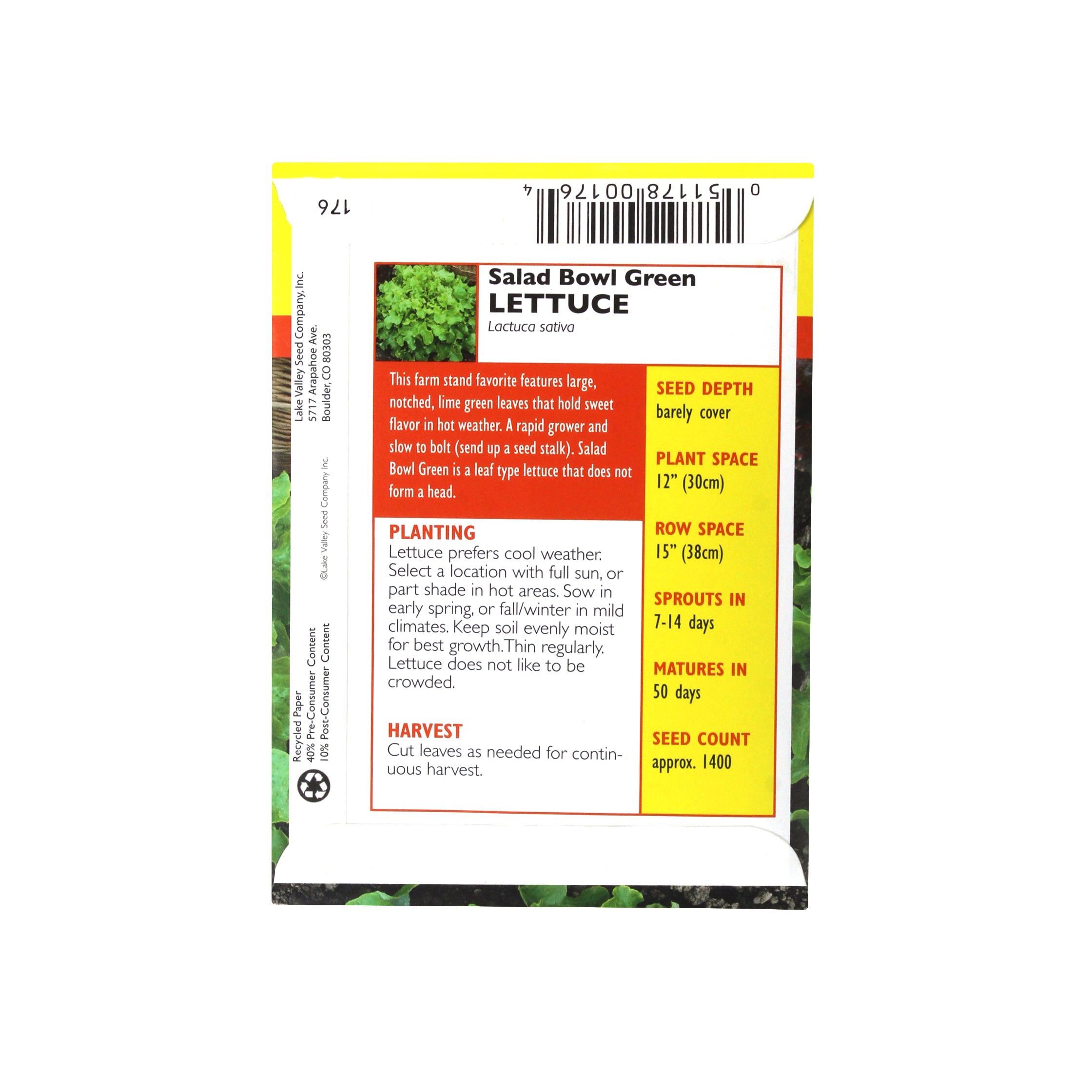 Lake Valley Seed Lettuce, Salad Bowl Green Heirloom, 1.5g