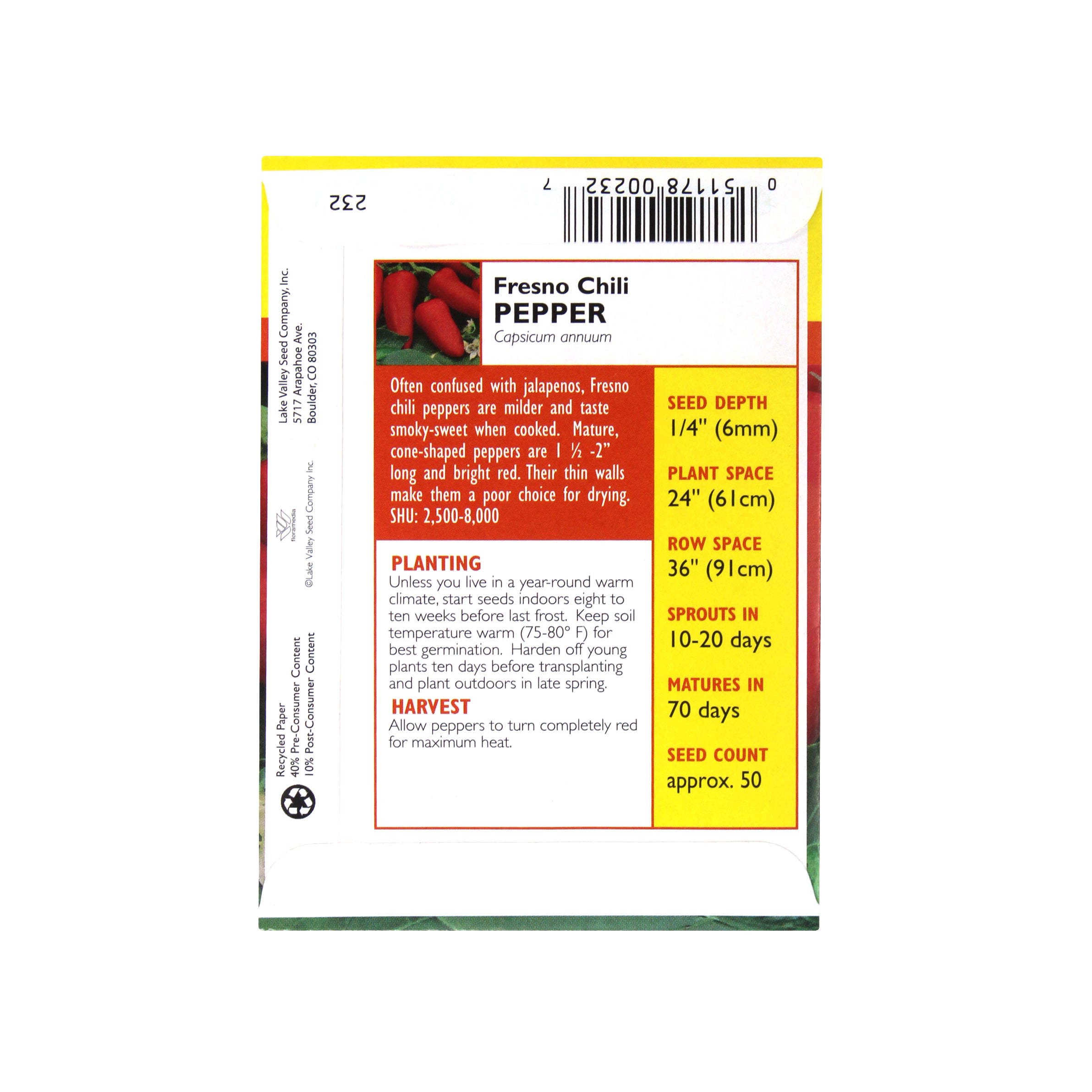 Lake Valley Seed Pepper, Hot Fresno Chili Heirloom, 0.35g