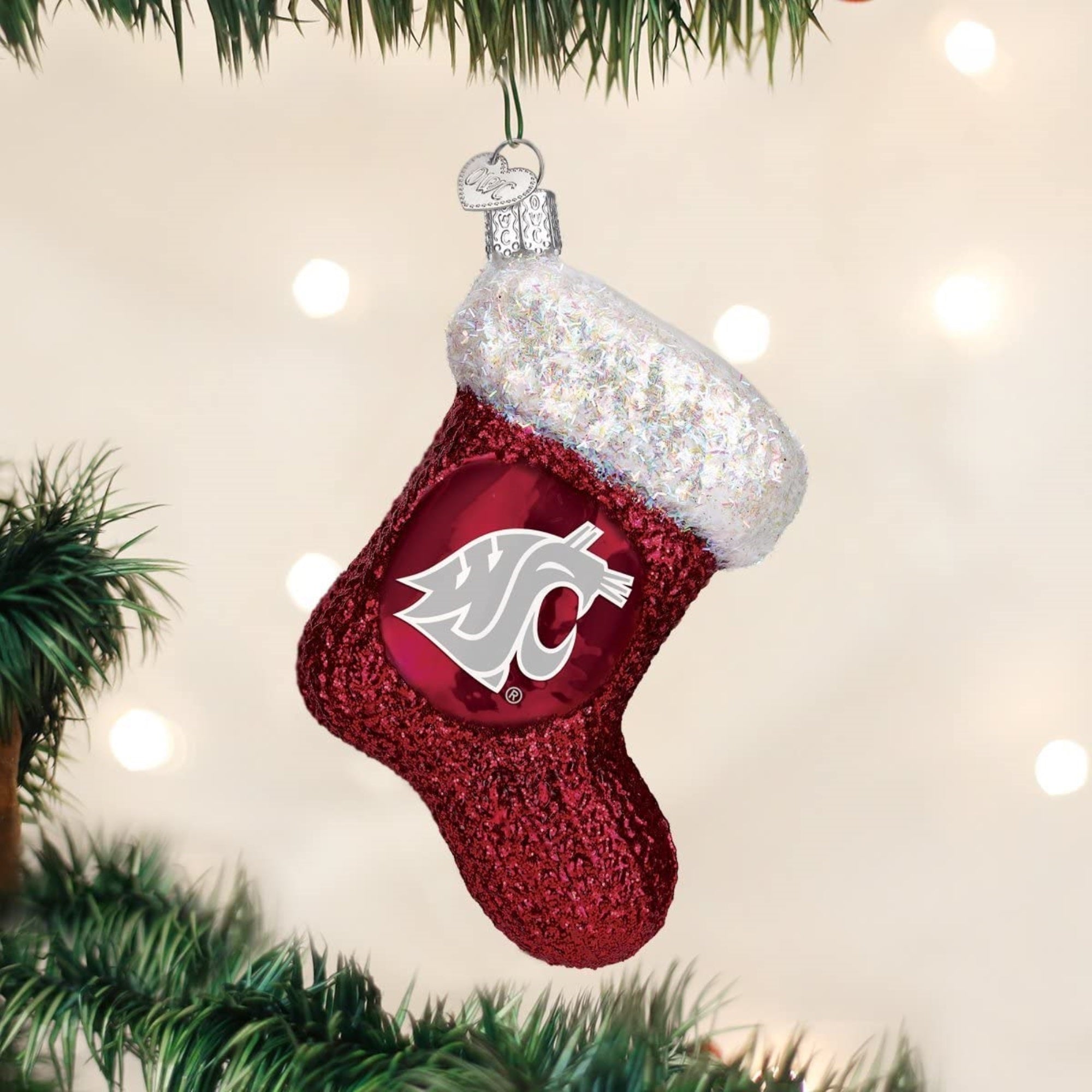 Old World Christmas Blown Glass Ornament for Tree, WSU Cougar Stocking
