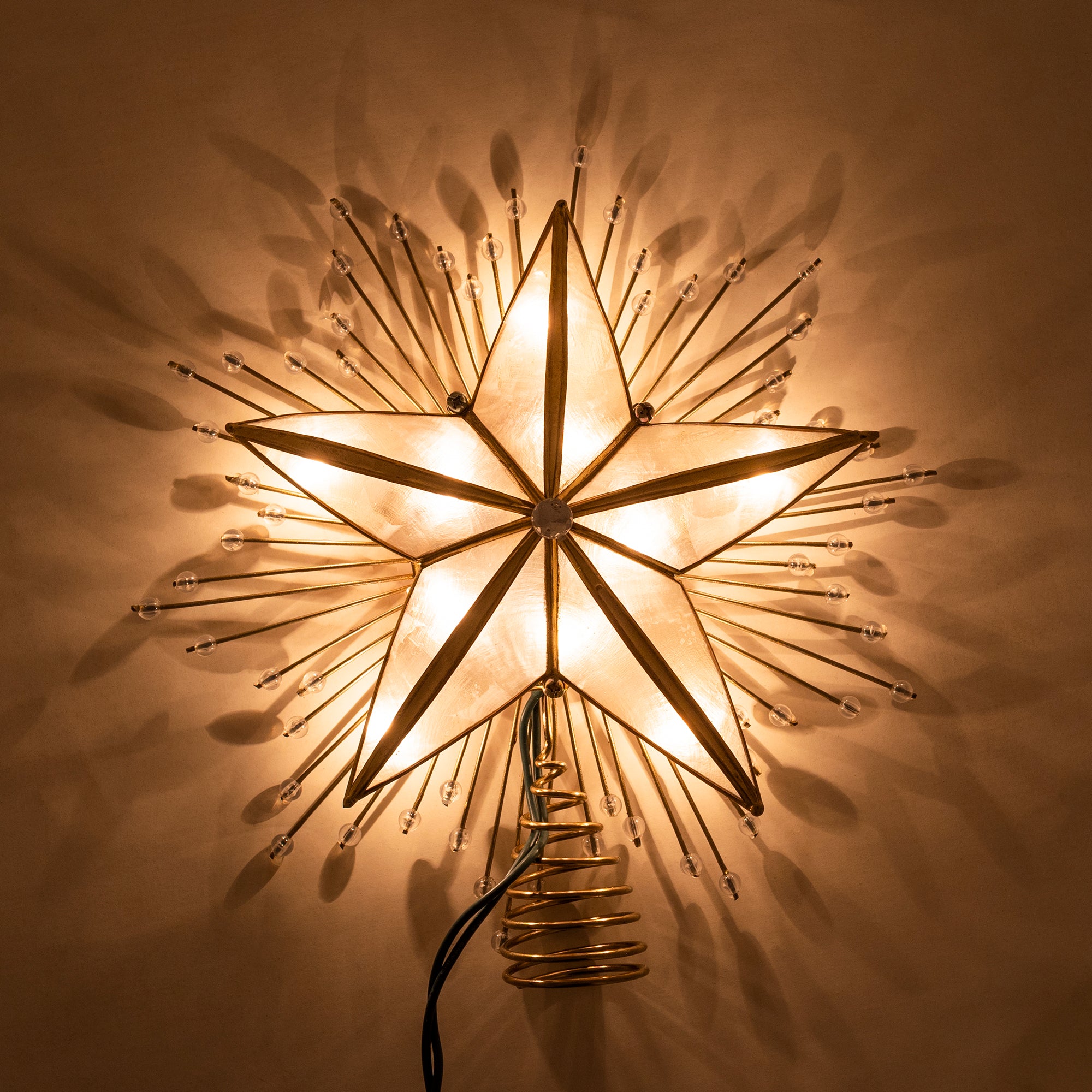 Kurt Adler 5-Point Capiz Star With Rays and Beads Lighted Treetop, 10"