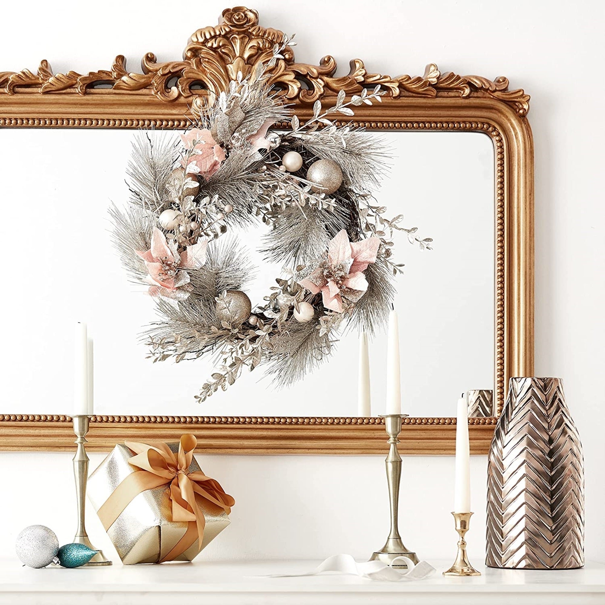 Kurt Adler Artificial Champagne/Gold Wreath with Pink Poinsettias and Ornaments Christmas Decoration, 20"