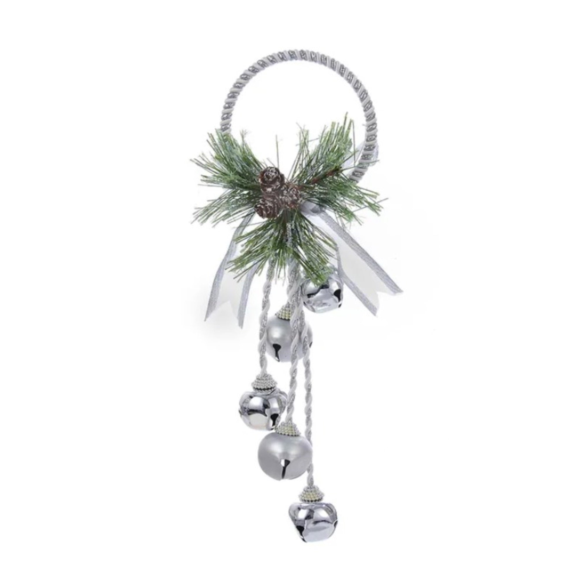 Kurt Adler Silver and White Bell Door Hanger with Greens and Pinecones