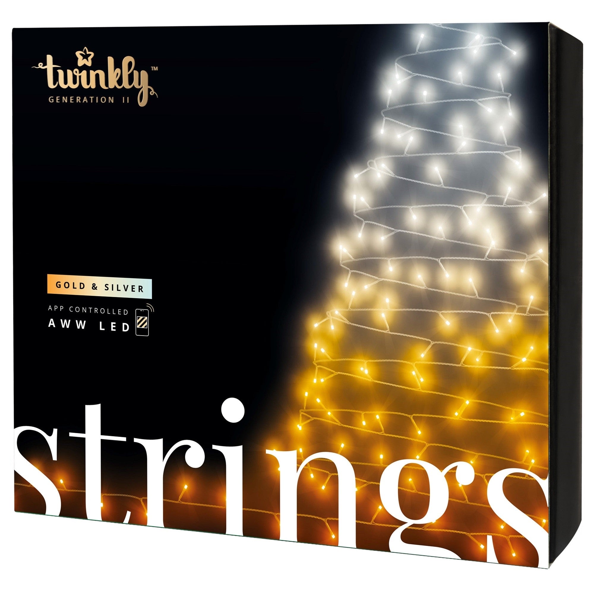 Twinkly Strings App Controlled Green Wire Christmas Light String Indoor and Outdoor Smart Home Lighting Decoration, Gold and Silver AWW LED