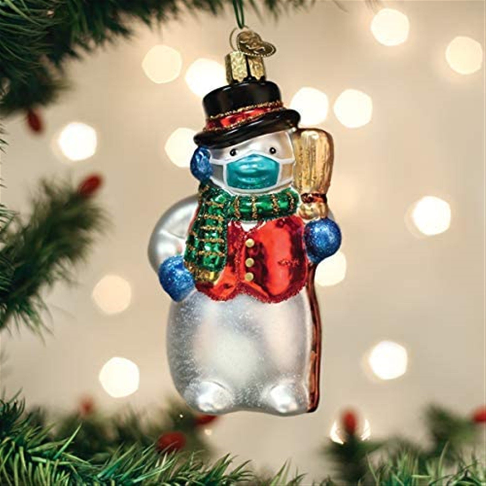 Old World Christmas Glass Blown Ornament Snowman with Face Mask, 4.5"