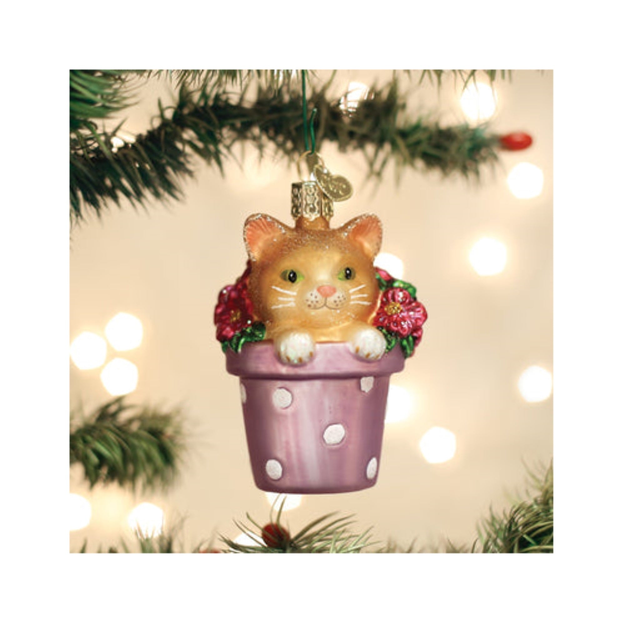 Old World Christmas Kitten in Flower Pot Blown Glass Holiday Tree Ornament