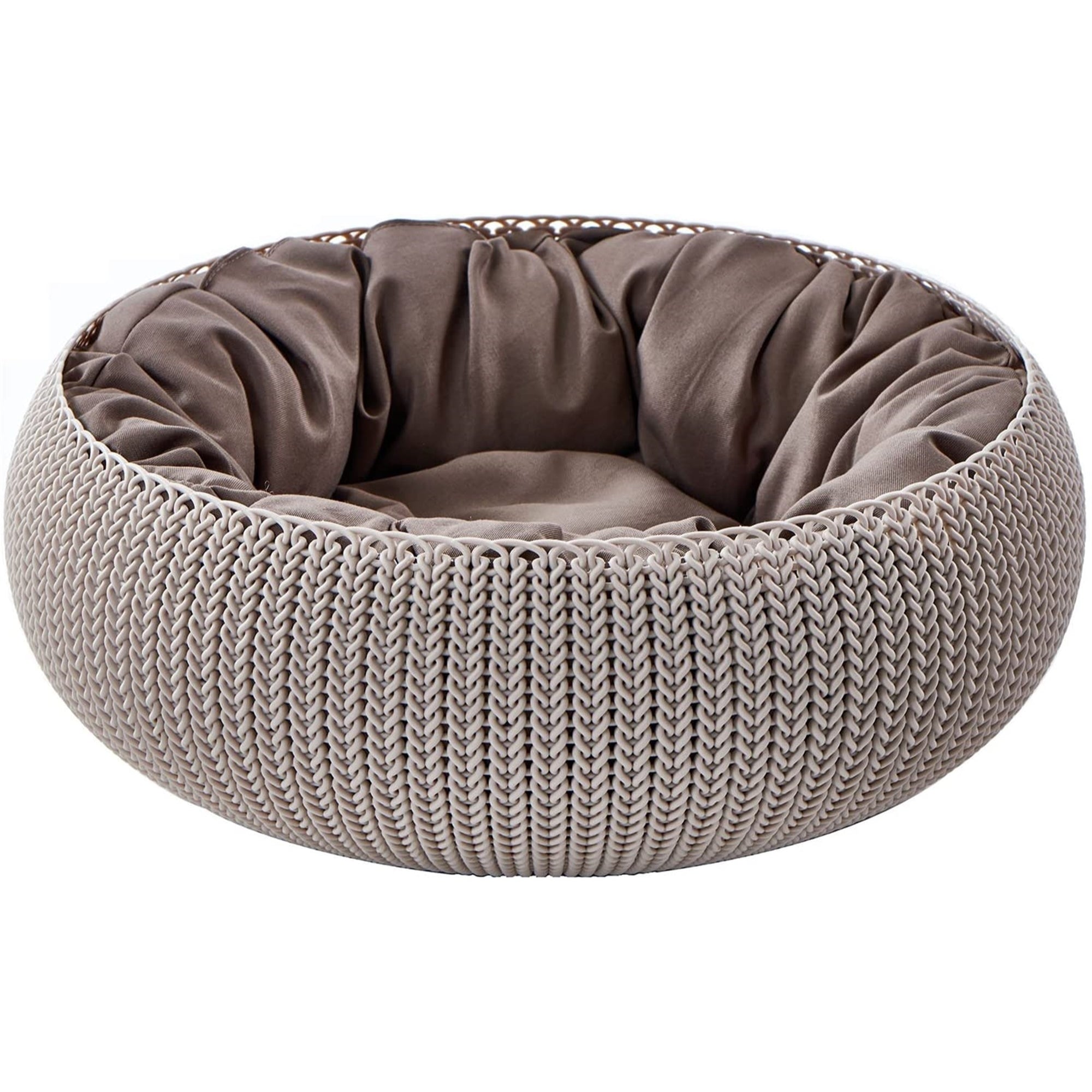 Keter by Curver Knit Cozy Resin Plastic Pet Bed, Cat Bed & Dog Bed with Cushion, Small Dogs to Medium Cats, Sandy Beige