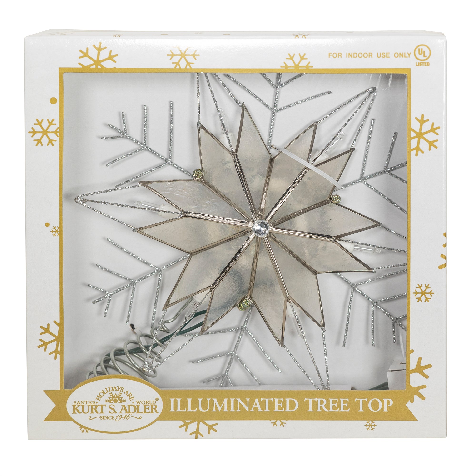 Kurt Adler 10-Light Silver Wire Capiz Treetop, Snowflake, 10"